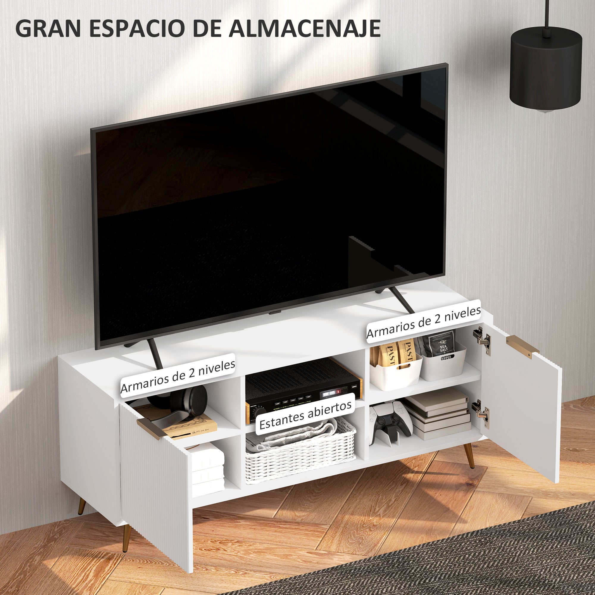 Modern TV Cabinet TV Stand with 2 Open Compartments and 2 Doors TV Unit for 55-inch TV 120x35x48 cm White