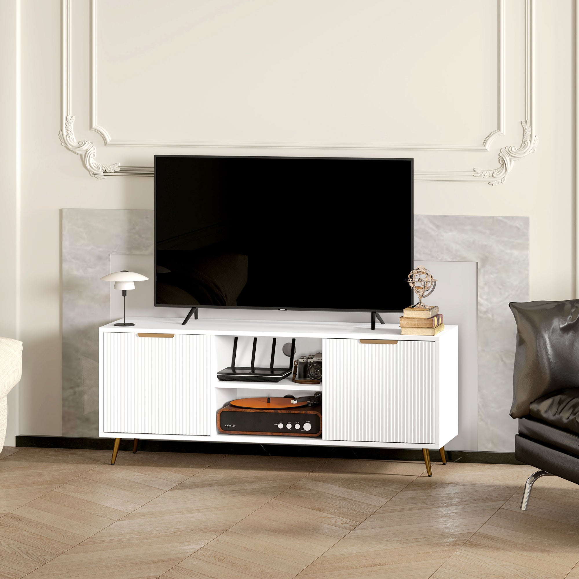Modern TV Cabinet TV Stand with 2 Open Compartments and 2 Doors TV Unit for 55-inch TV 120x35x48 cm White
