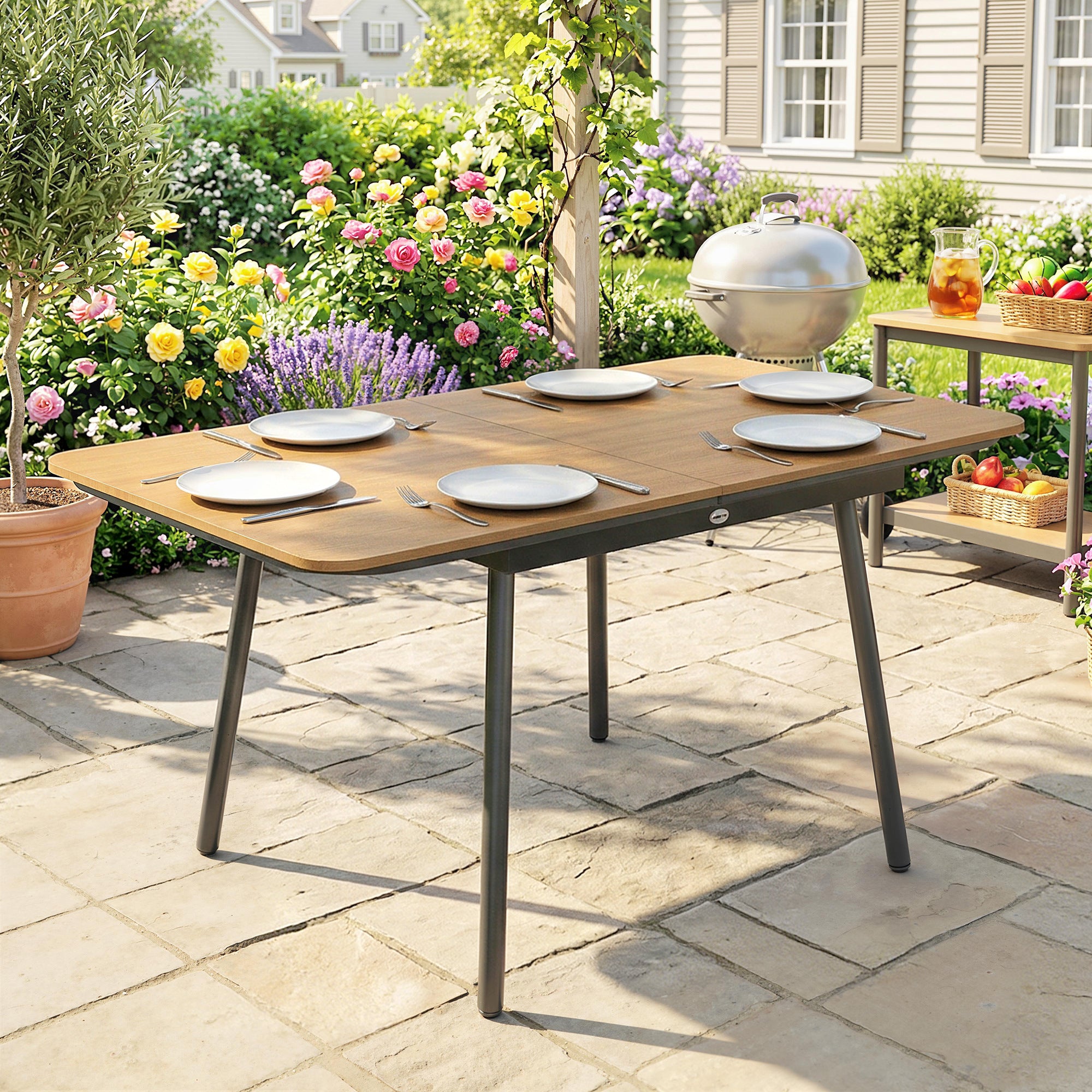 55.1 x 31.5 in Outdoor Dining Table for 6 – Weather-Resistant WPC Wood-Look Top, Rust-Resistant Metal Frame, Adjustable Feet, Rectangular Patio/Balcony Table (Teak)