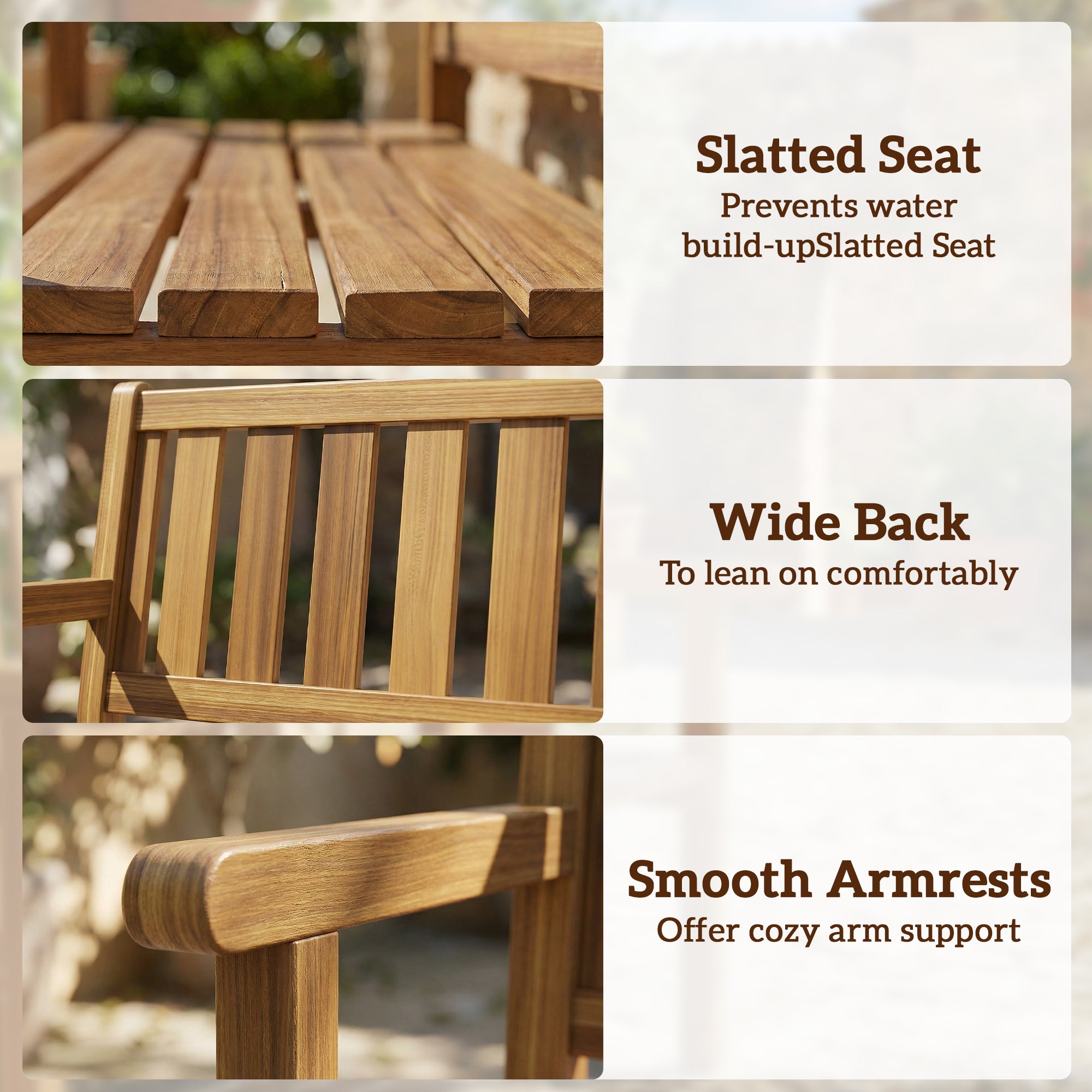 3-Seater Outdoor Wooden Bench, Weather-Resistant with Backrest & Armrests, 794 lb Capacity, Garden/Balcony/Terrace Bench – 65.7 x 22.4 x 36.6 in (167 x 57 x 93 cm), Teak