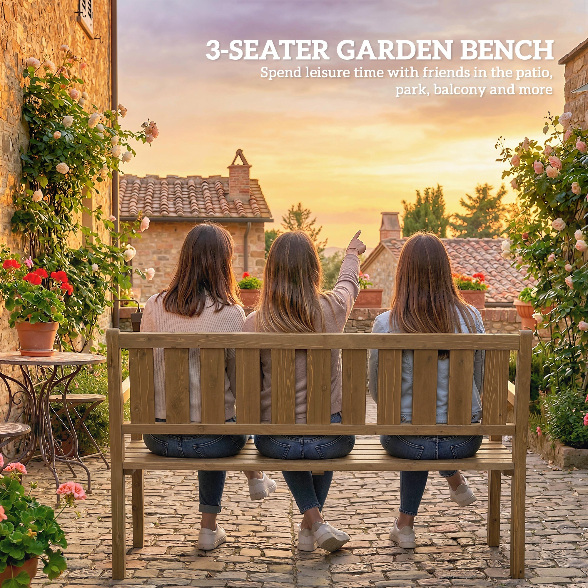 3-Seater Outdoor Wooden Bench, Weather-Resistant with Backrest & Armrests, 794 lb Capacity, Garden/Balcony/Terrace Bench – 65.7 x 22.4 x 36.6 in (167 x 57 x 93 cm), Teak