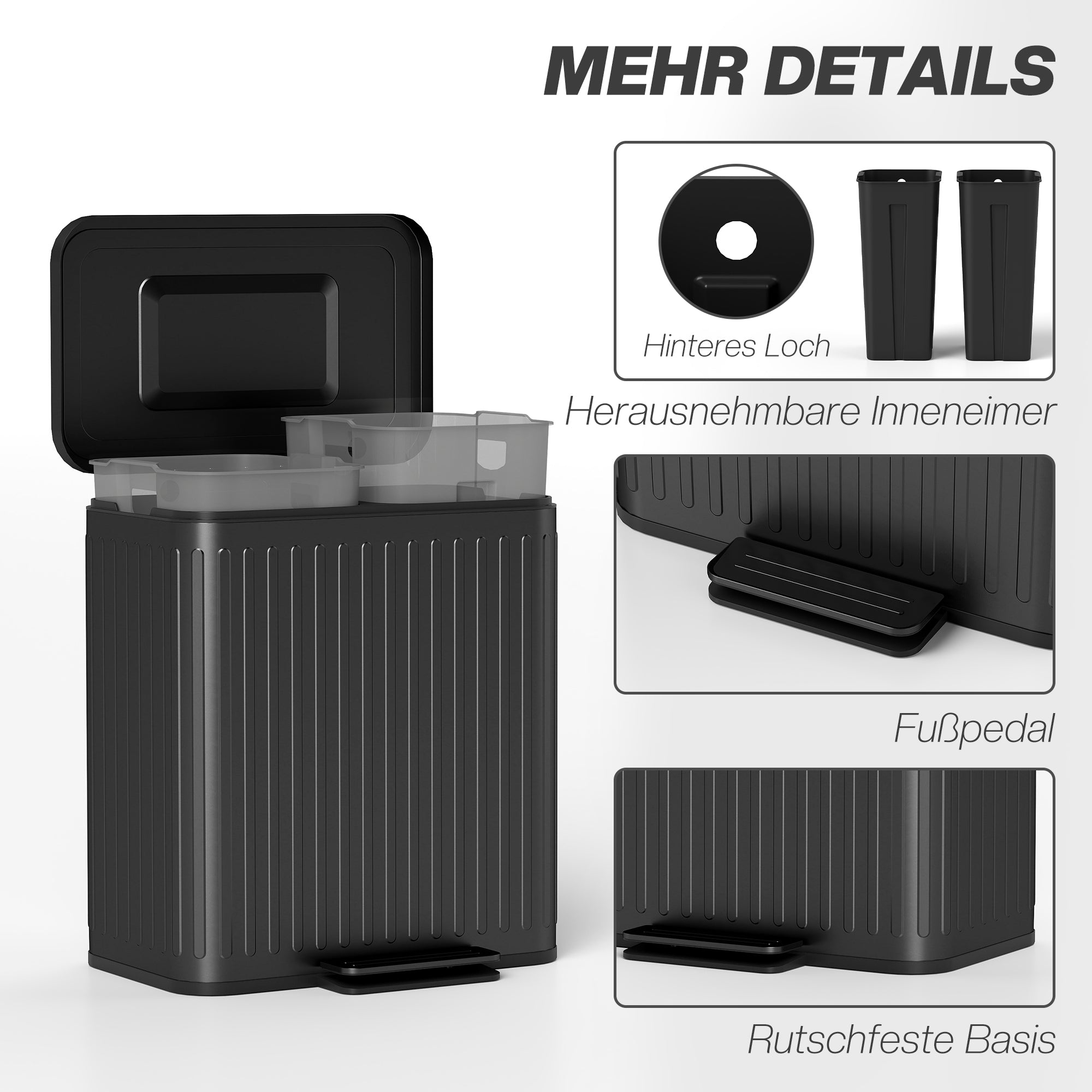 2×20 L Pedal Bin — 40 L Dual-Compartment Kitchen Waste Sorter, Soft-Close Lid, Hold-Open Function, Removable Inner Buckets, Black, 45.5 × 36.5 × 51 cm (17.9 × 14.4 × 20.1 in)