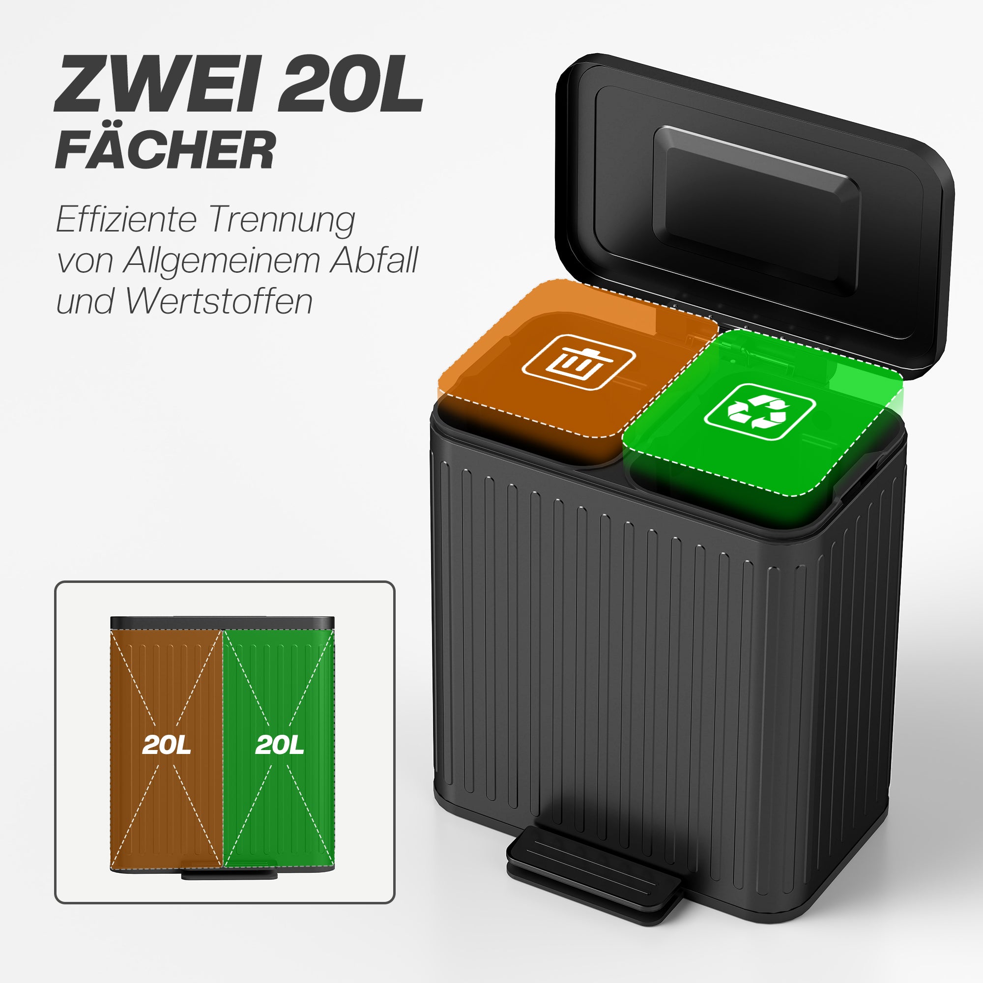 2×20 L Pedal Bin — 40 L Dual-Compartment Kitchen Waste Sorter, Soft-Close Lid, Hold-Open Function, Removable Inner Buckets, Black, 45.5 × 36.5 × 51 cm (17.9 × 14.4 × 20.1 in)