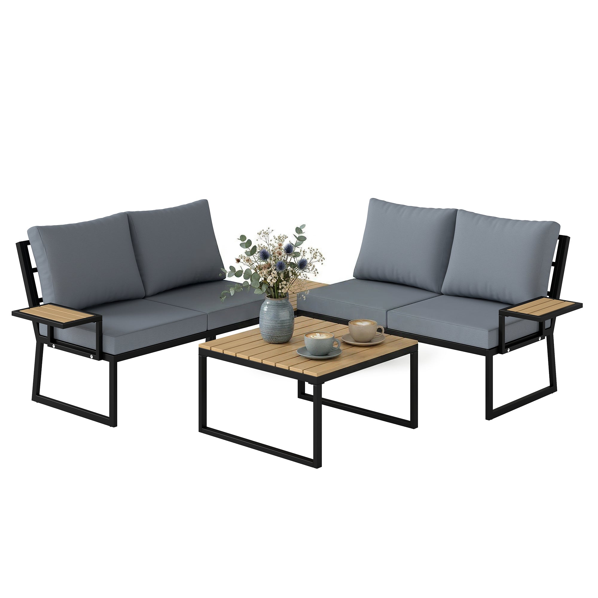 L-Shaped 4-Piece Outdoor Patio Sofa Set for 4 — Two 2-Seater Sectionals with Cushions & 2 Nesting Tables, Teak