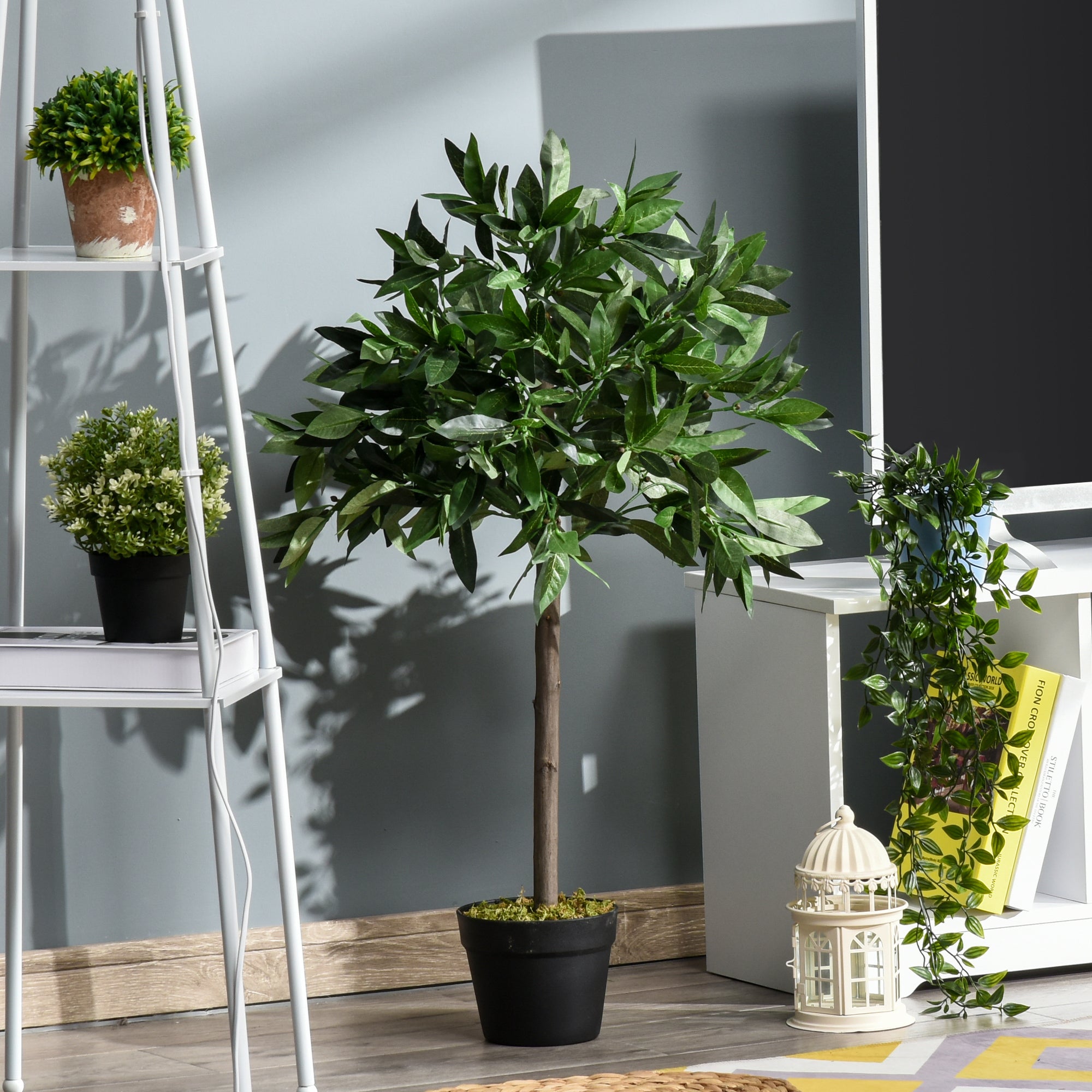 Set of 2 Artificial Laurel Trees, 90 cm Artificial Plants in Cement Pots, Indoor Plant, Artificial Plants for Indoor, Outdoor, Decorative Plants, Green
