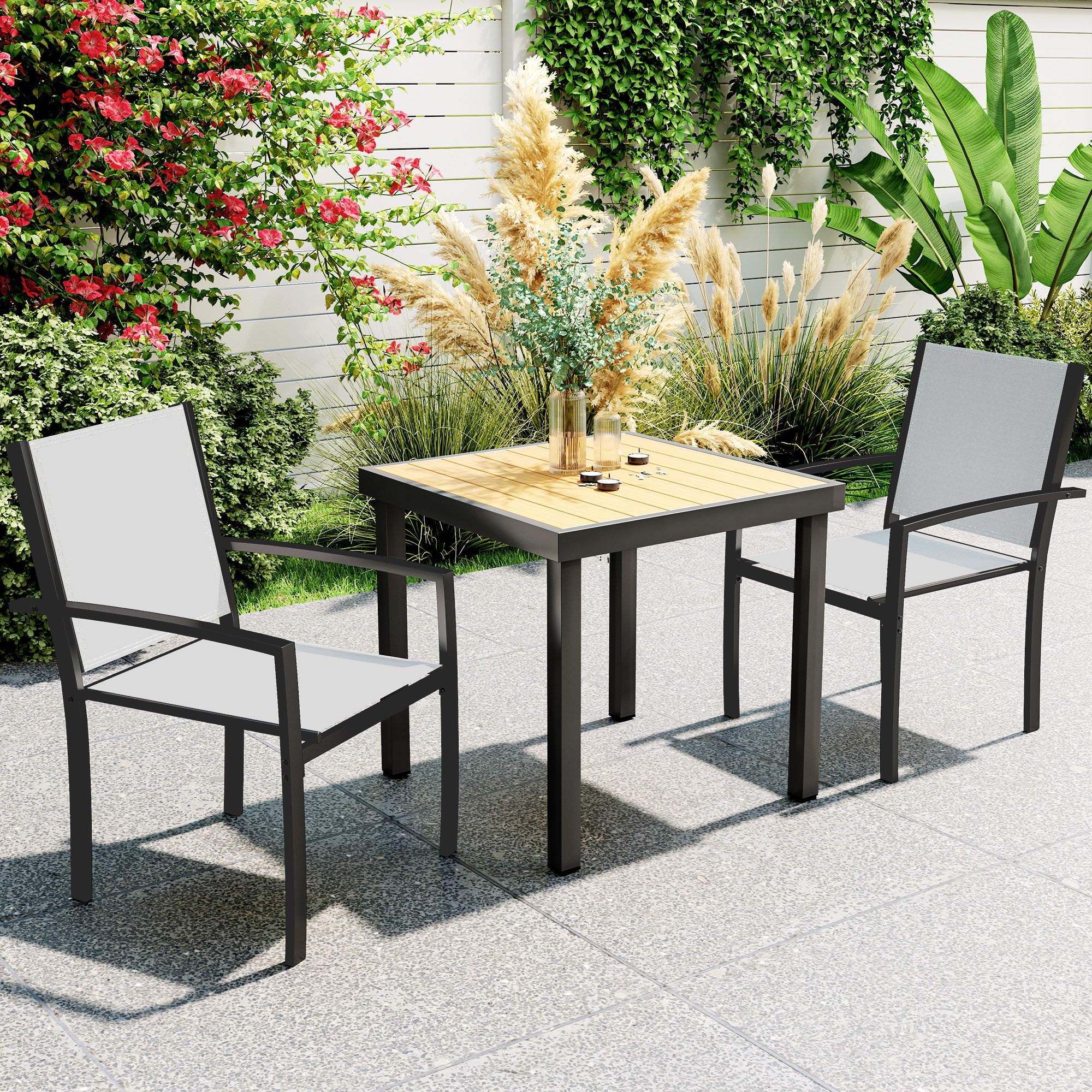 Set of 2 stackable outdoor garden chairs with armrests, steel frame for garden, pool, terrace, light gray