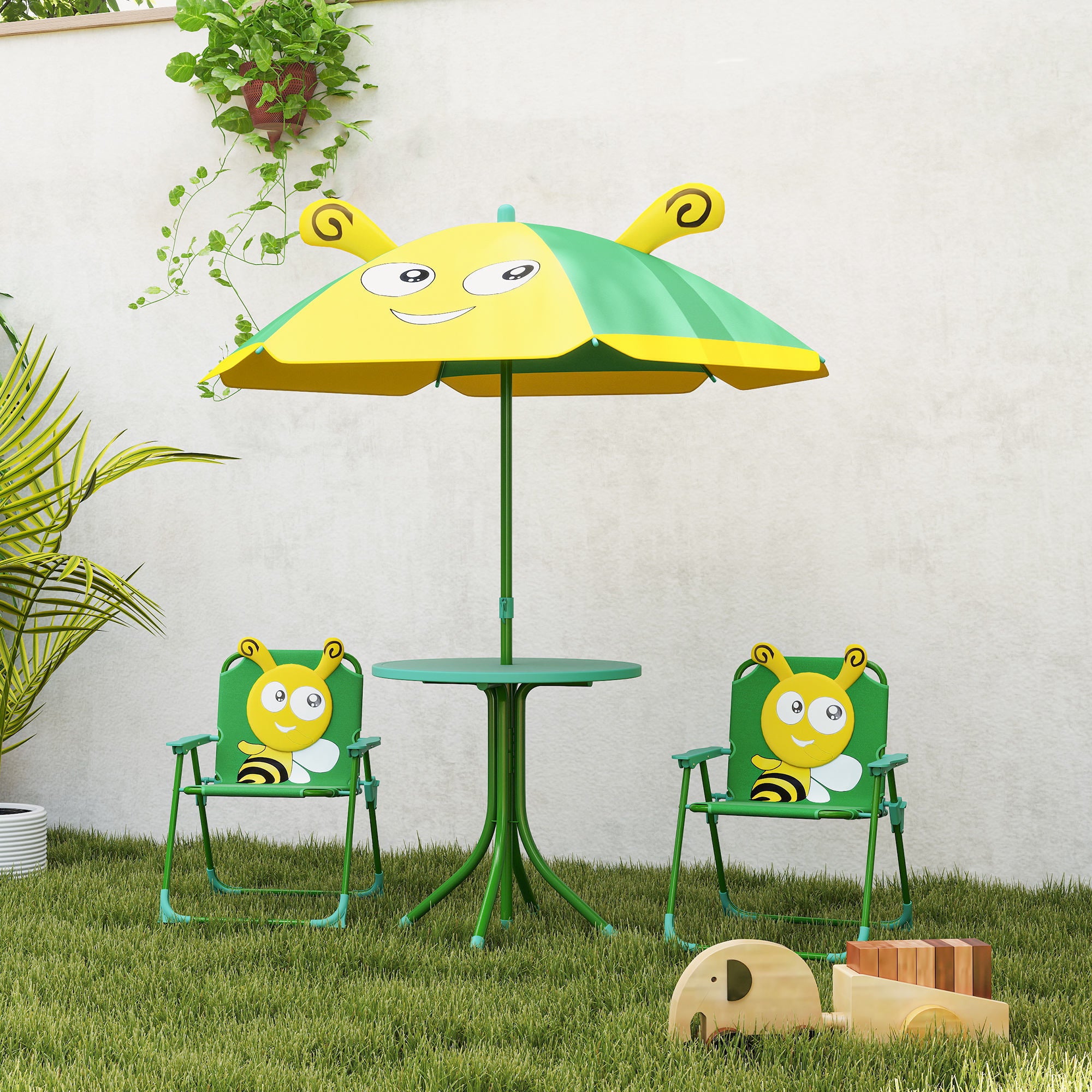 4-Piece Children's Seating Group Garden Children's Furniture Set with 2 Folding Chairs, Adjustable Sun Umbrella, Garden Table, Bee Pattern for 2-5 Years Children, Green