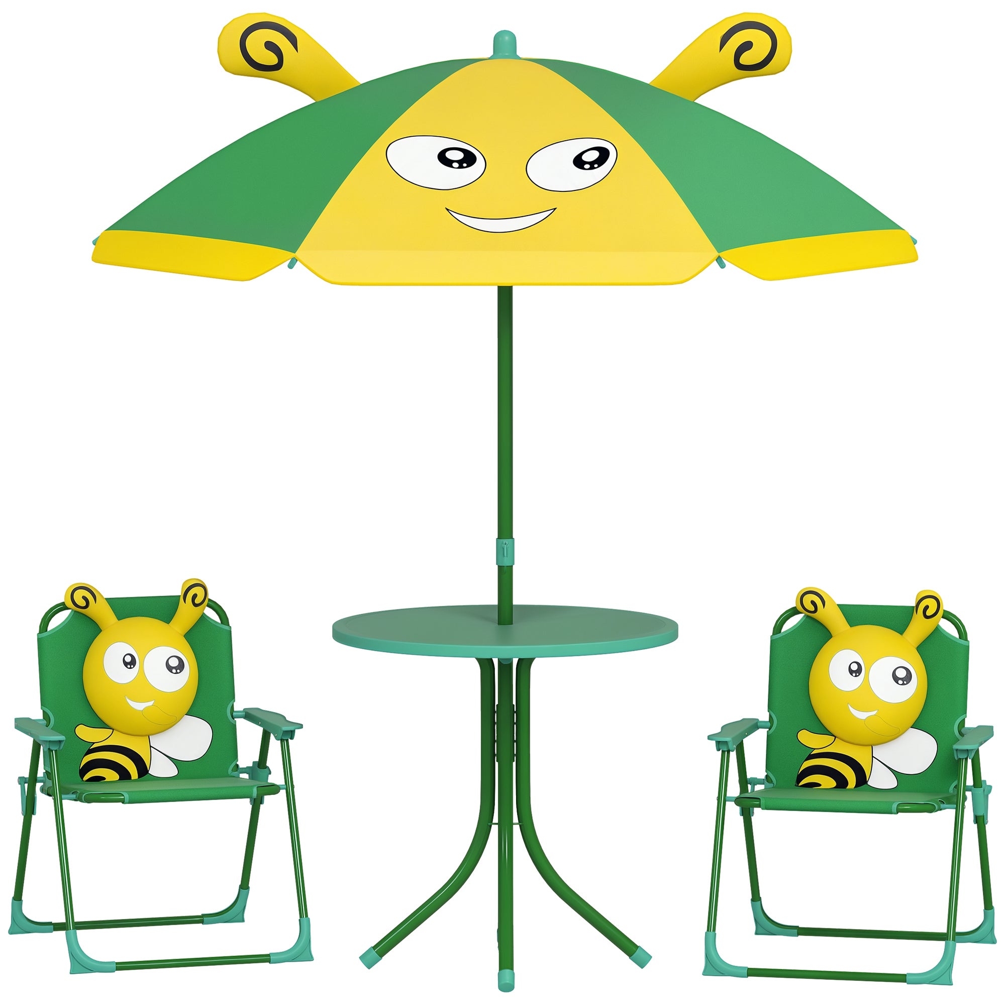 4-Piece Children's Seating Group Garden Children's Furniture Set with 2 Folding Chairs, Adjustable Sun Umbrella, Garden Table, Bee Pattern for 2-5 Years Children, Green