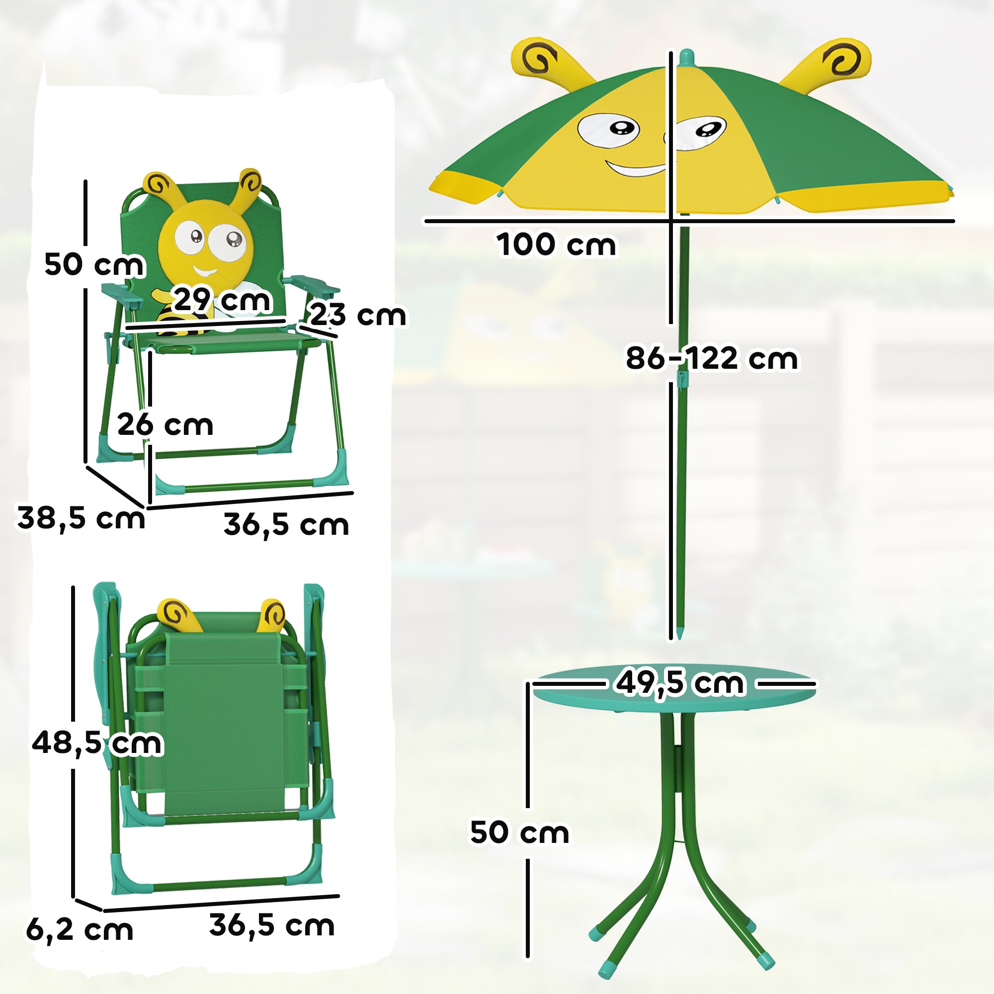 4-Piece Children's Seating Group Garden Children's Furniture Set with 2 Folding Chairs, Adjustable Sun Umbrella, Garden Table, Bee Pattern for 2-5 Years Children, Green