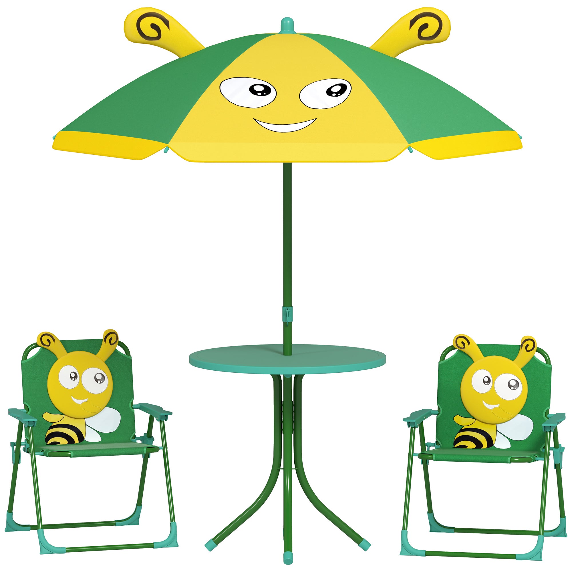4-Piece Children's Seating Group Garden Children's Furniture Set with 2 Folding Chairs, Adjustable Sun Umbrella, Garden Table, Bee Pattern for 2-5 Years Children, Green
