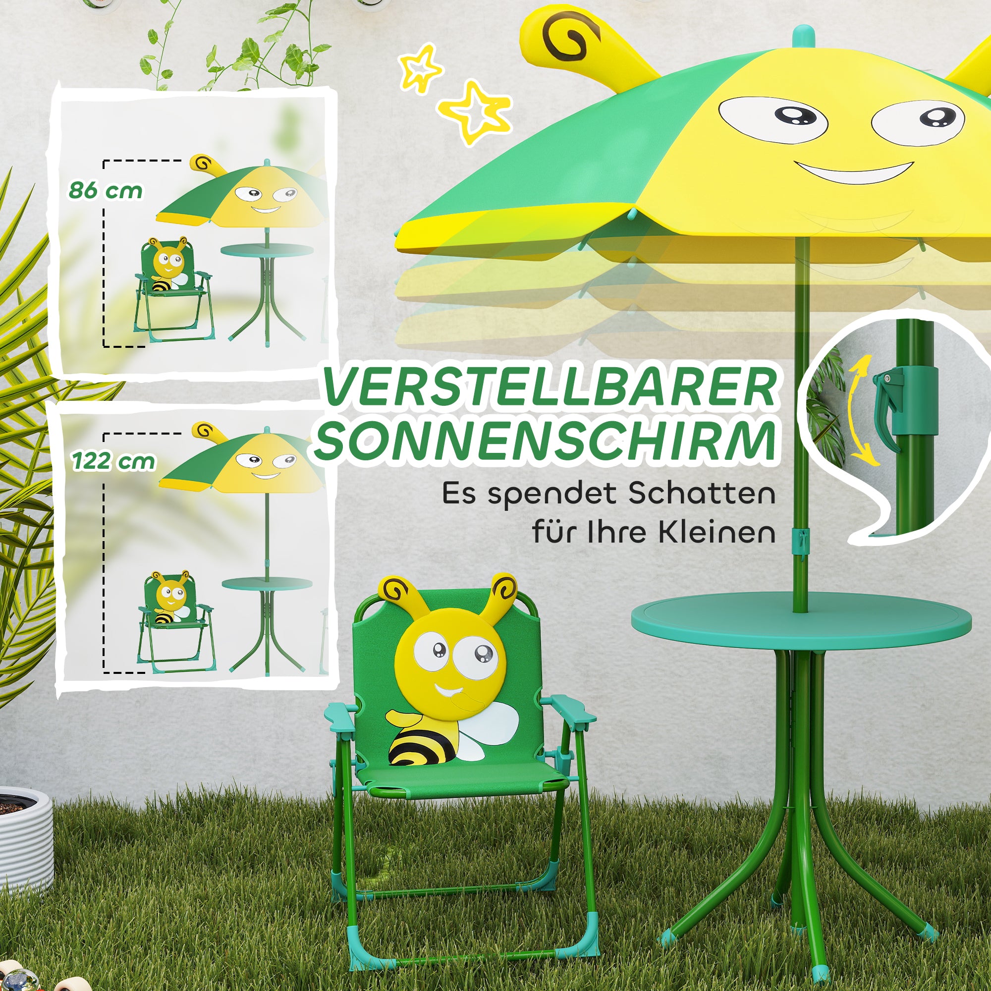 4-Piece Children's Seating Group Garden Children's Furniture Set with 2 Folding Chairs, Adjustable Sun Umbrella, Garden Table, Bee Pattern for 2-5 Years Children, Green