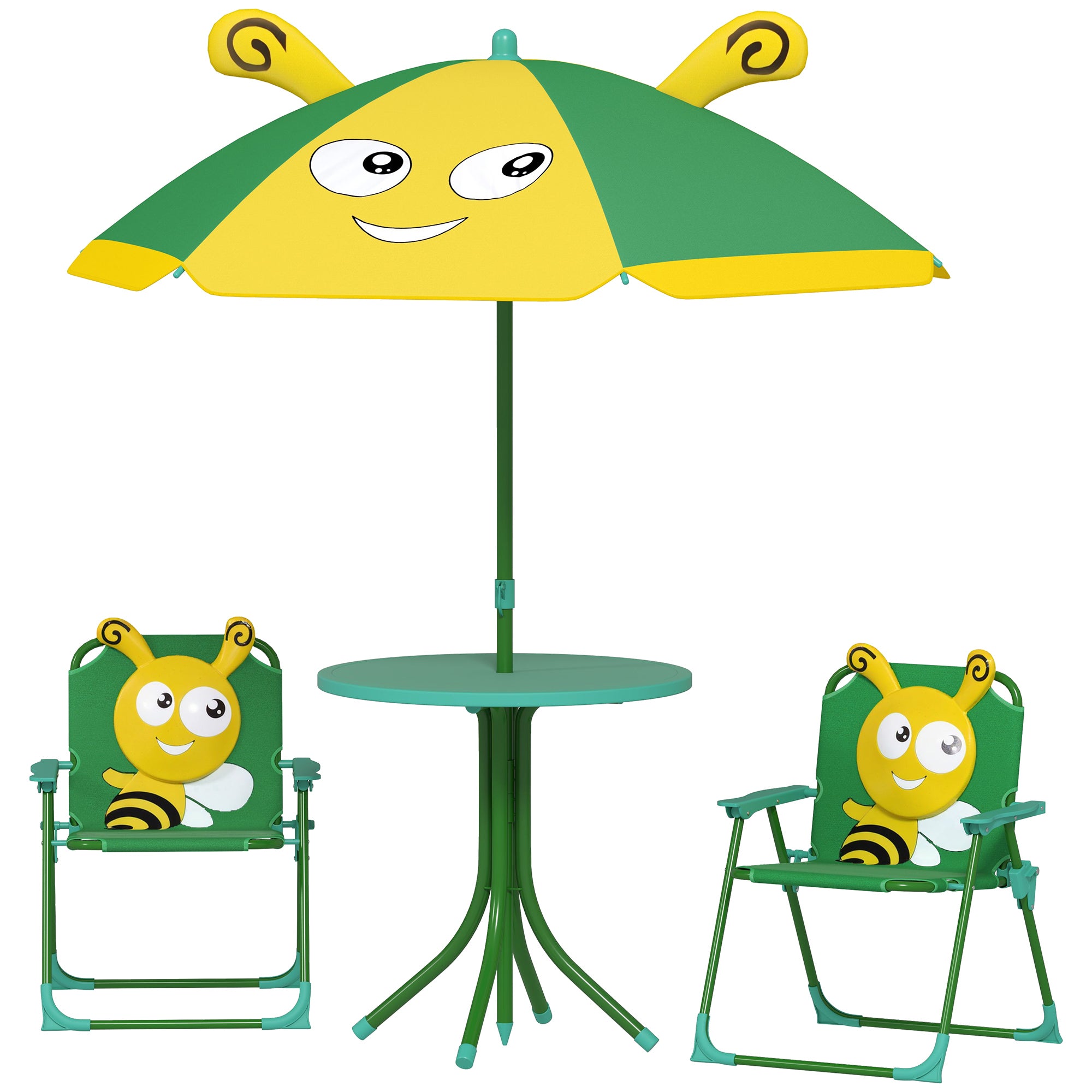 4-Piece Children's Seating Group Garden Children's Furniture Set with 2 Folding Chairs, Adjustable Sun Umbrella, Garden Table, Bee Pattern for 2-5 Years Children, Green