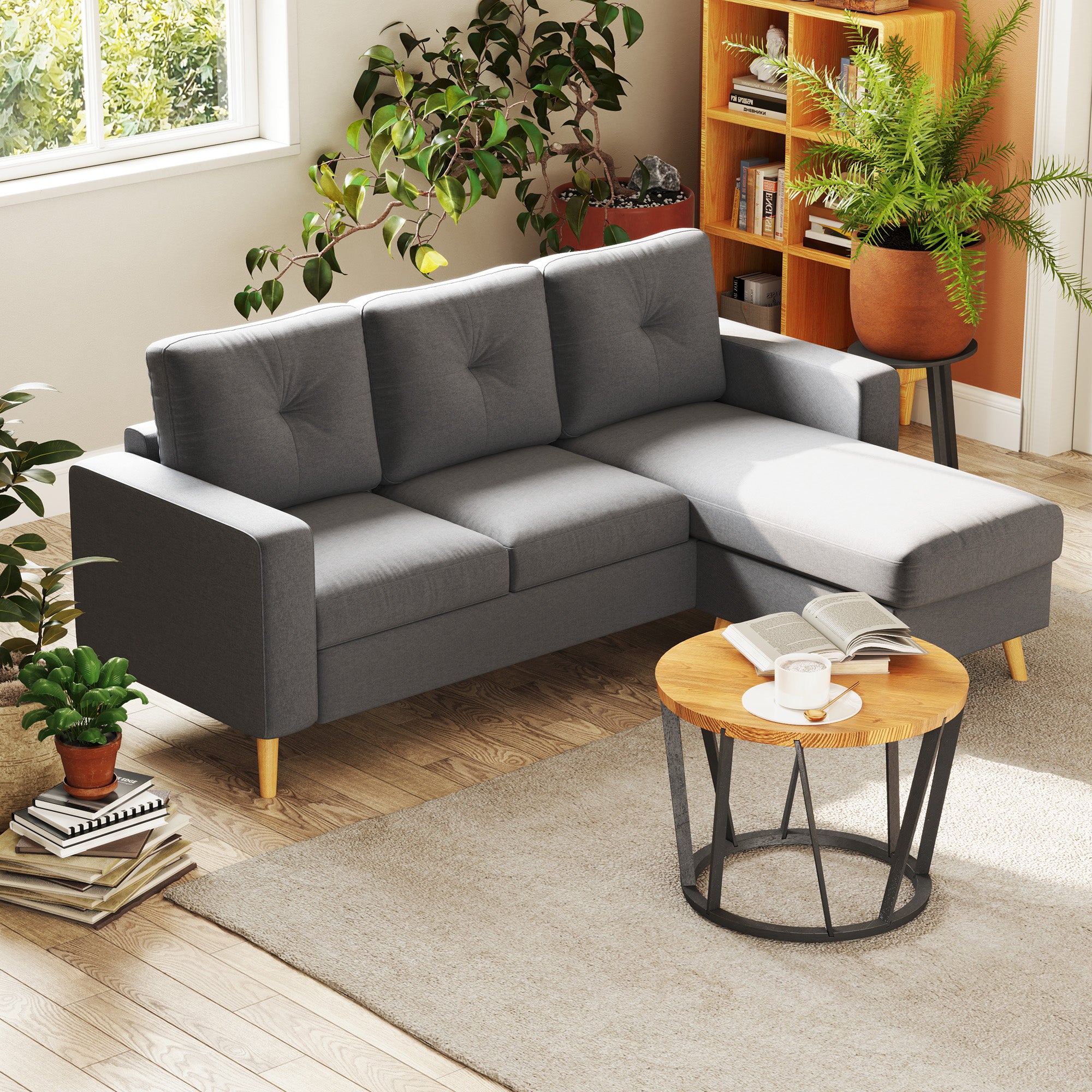 L-Shaped Fabric Sofa, Linen-Style Couch Set with Chaise Longue for 3 People, Corner Couch for Living Room, Dark Gray, 193 x 136 x 85 cm