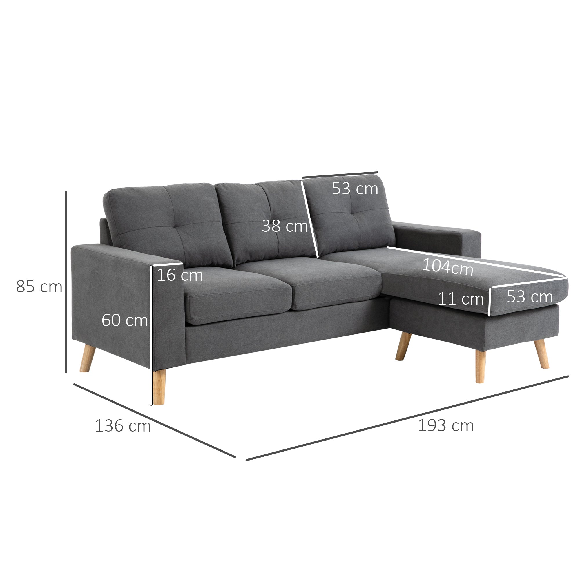L-Shaped Fabric Sofa, Linen-Style Couch Set with Chaise Longue for 3 People, Corner Couch for Living Room, Dark Gray, 193 x 136 x 85 cm