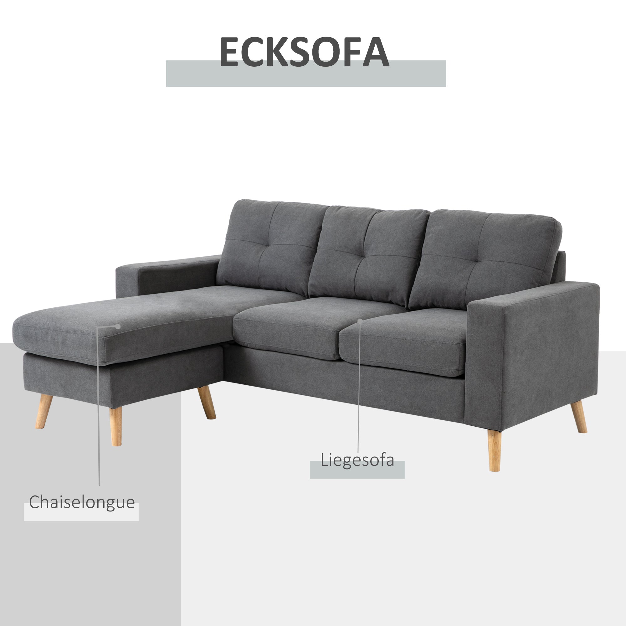 L-Shaped Fabric Sofa, Linen-Style Couch Set with Chaise Longue for 3 People, Corner Couch for Living Room, Dark Gray, 193 x 136 x 85 cm