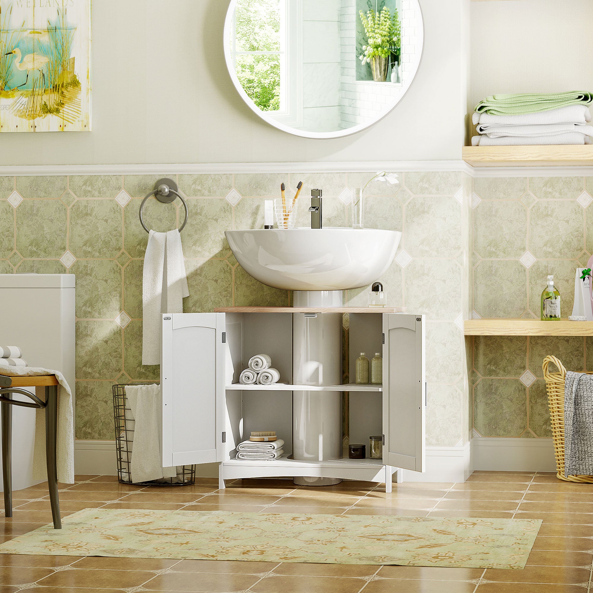 Under Sink Cabinet Bathroom Floor Cabinet with 2 Doors and Adjustable Interior Shelf Modern Style Load 40 kg 60x30x60 cm White