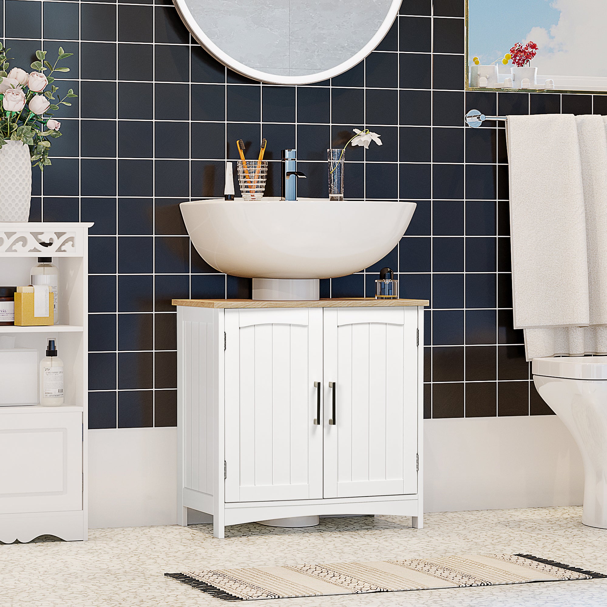 Under Sink Cabinet Bathroom Floor Cabinet with 2 Doors and Adjustable Interior Shelf Modern Style Load 40 kg 60x30x60 cm White
