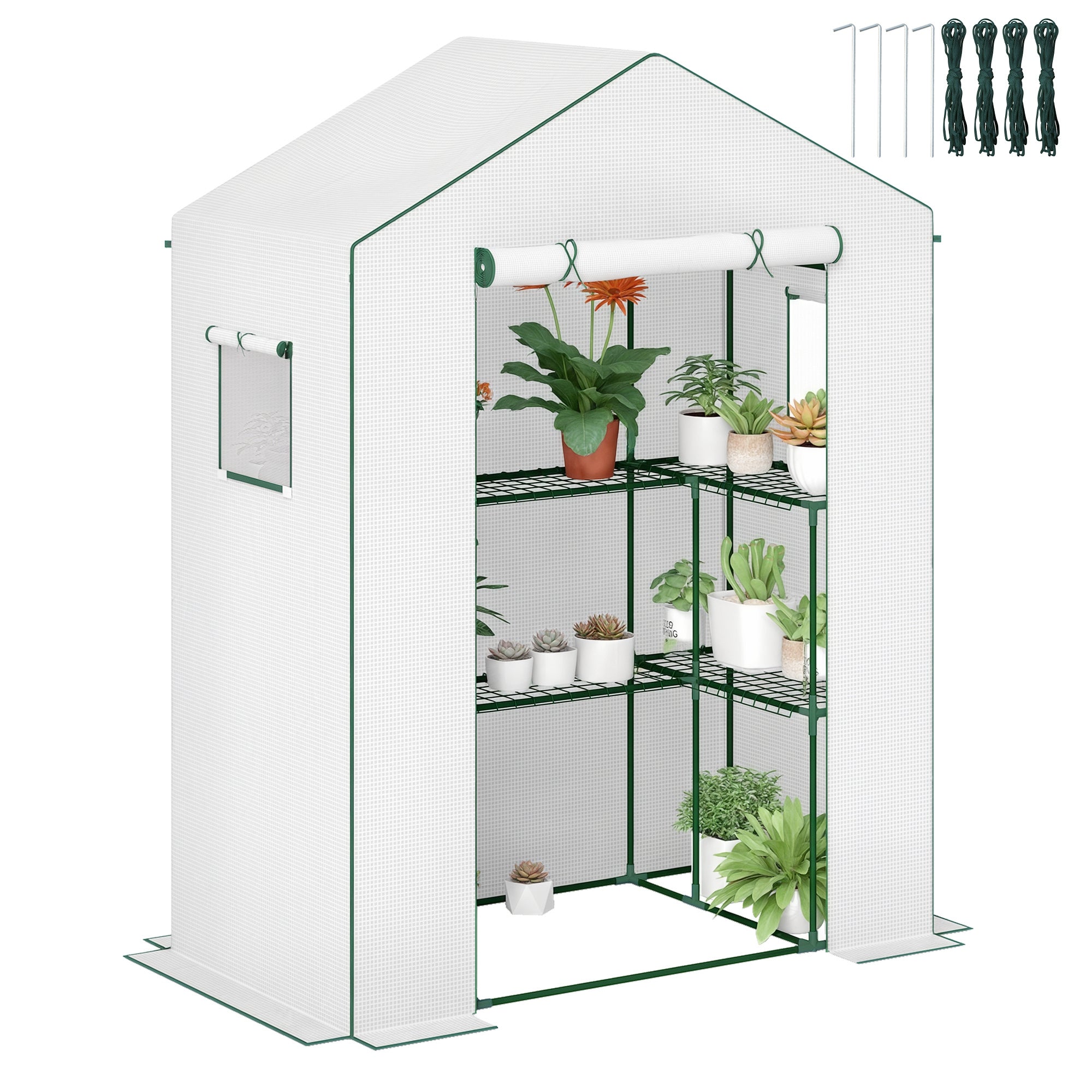 PE Garden Greenhouse with 3-Tier Shelves, Balcony Greenhouse, Reinforced 135 g/m² Tarpaulin, Steel Frame, Roll-Up Zippered Door, for Vegetables Plants Flowers, 140x73x190 cm, White