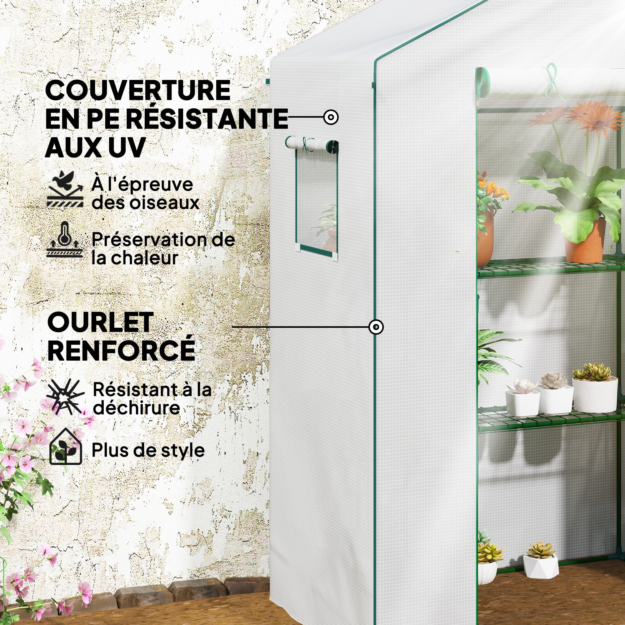 PE Garden Greenhouse with 3-Tier Shelves, Balcony Greenhouse, Reinforced 135 g/m² Tarpaulin, Steel Frame, Roll-Up Zippered Door, for Vegetables Plants Flowers, 140x73x190 cm, White