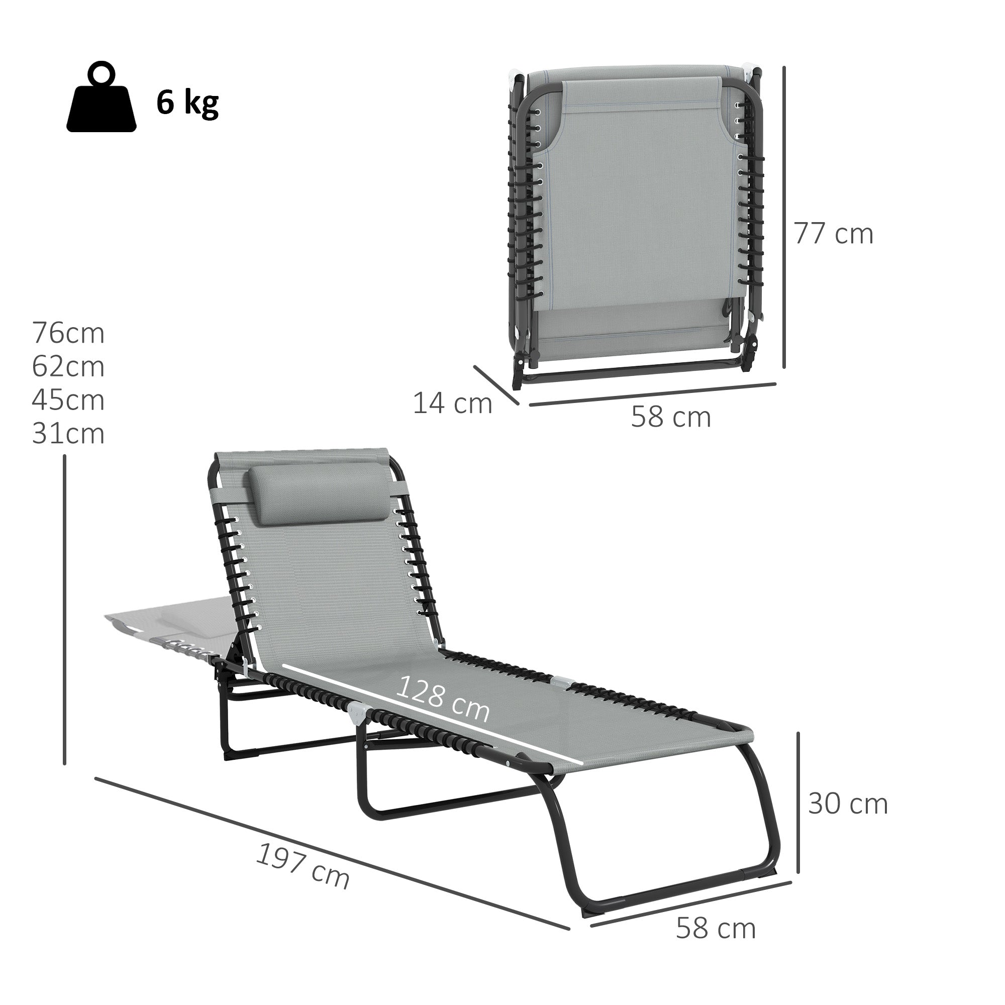 Folding Sun Lounger with 4-Position Adjustable Backrest and Head Cushion, Weather-Resistant Chaise Lounge for Camping, Garden, Beach & Pool — Light Gray, Up to 265 lb