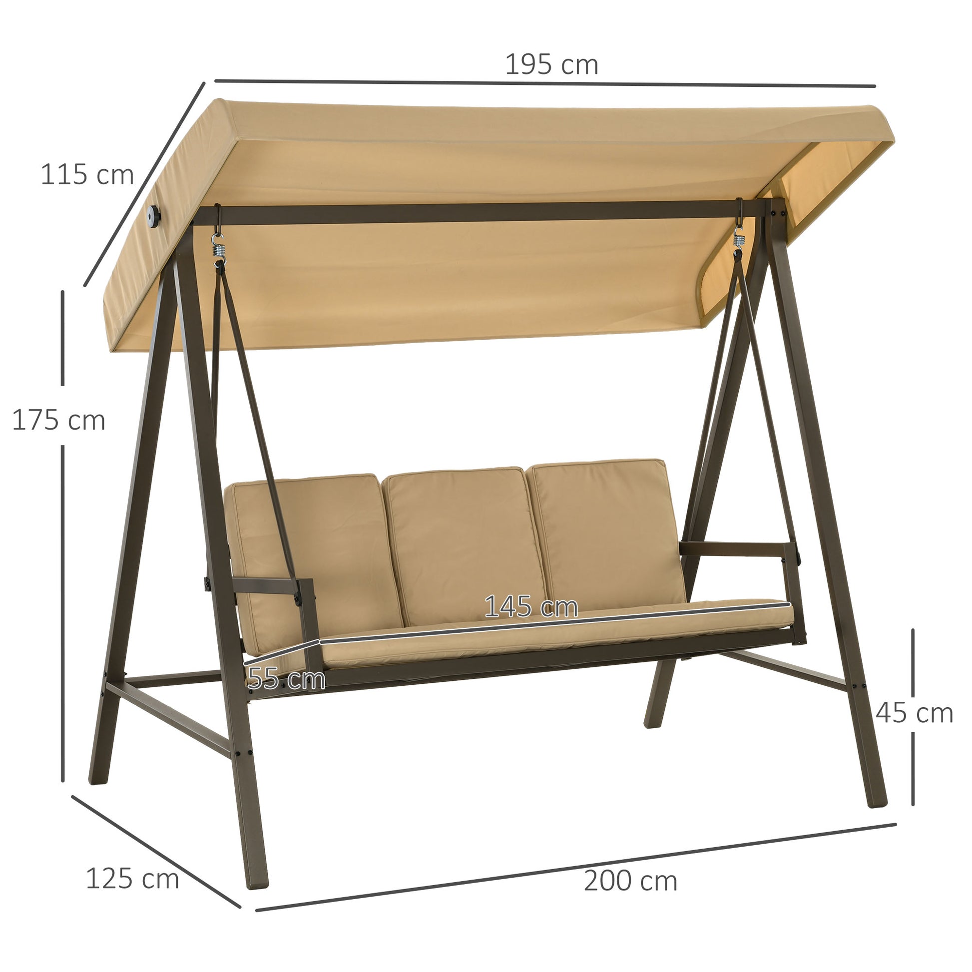 Hollywood Swing 3-Seater Swing Bench with Adjustable Roof, Swing Bench with Back Cushion, Garden Swing up to 360 kg Load Capacity, Beige, 200 x 125 x 175 cm
