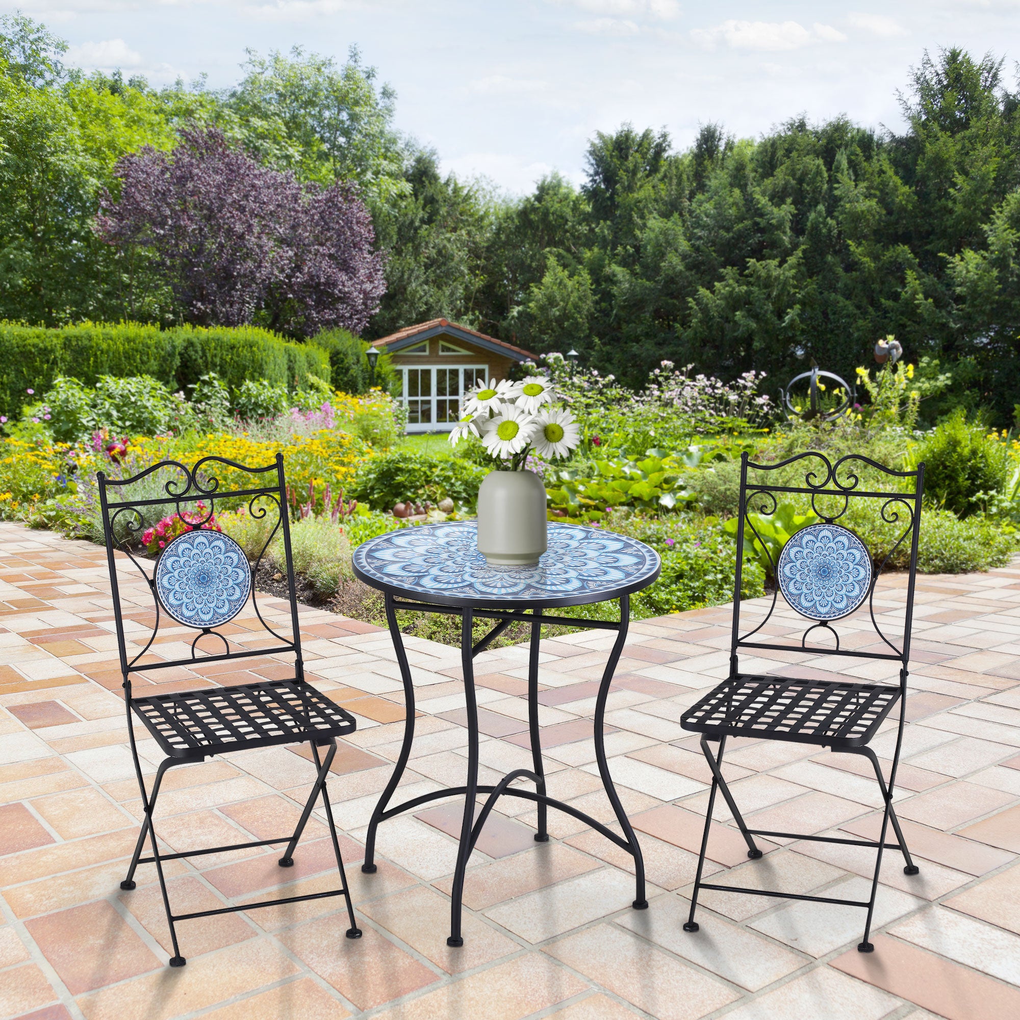 3-Piece Garden Set with Mosaic, Round Outdoor Table with 2 Folding Metal Chairs, Blue