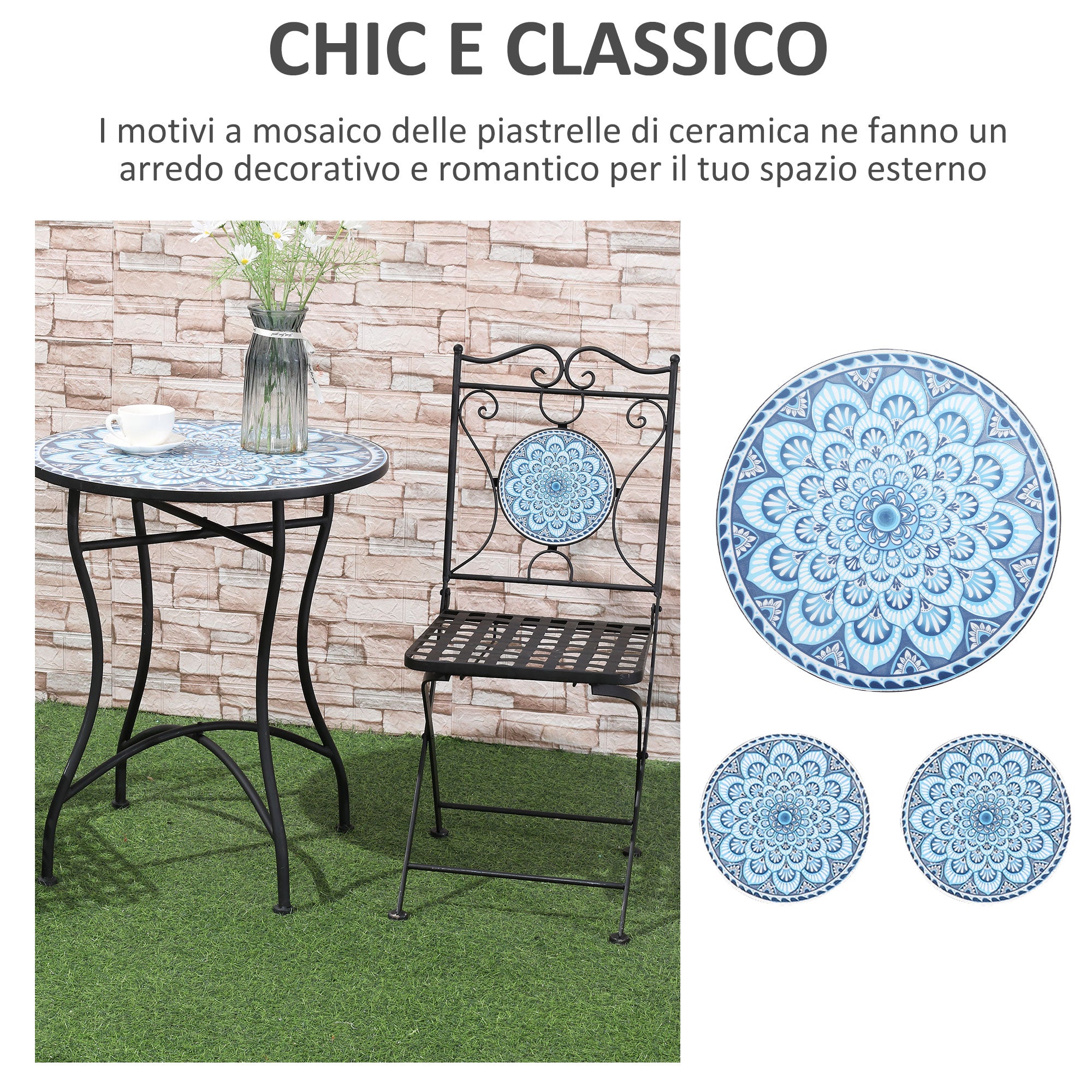 3-Piece Garden Set with Mosaic, Round Outdoor Table with 2 Folding Metal Chairs, Blue