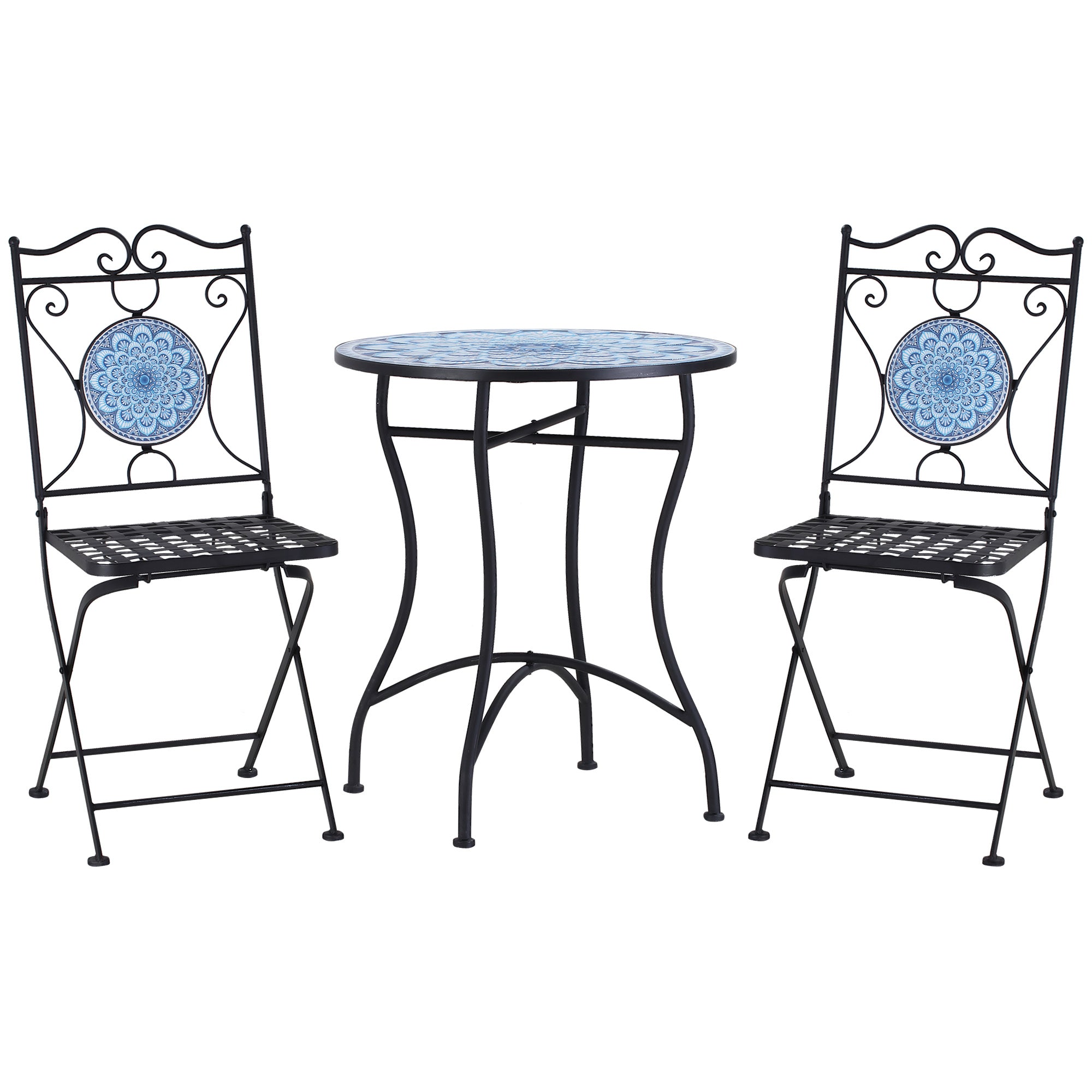 3-Piece Garden Set with Mosaic, Round Outdoor Table with 2 Folding Metal Chairs, Blue