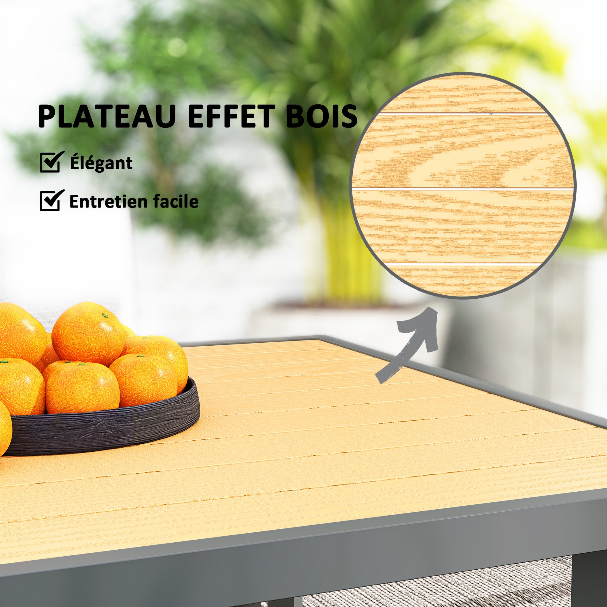 Garden Dining Table for 6 people, Garden Table with Rectangular Wood-Effect Anti-Rust Steel Top for Patio, Terrace, 150 x 90 x 72 cm, Natural Wood