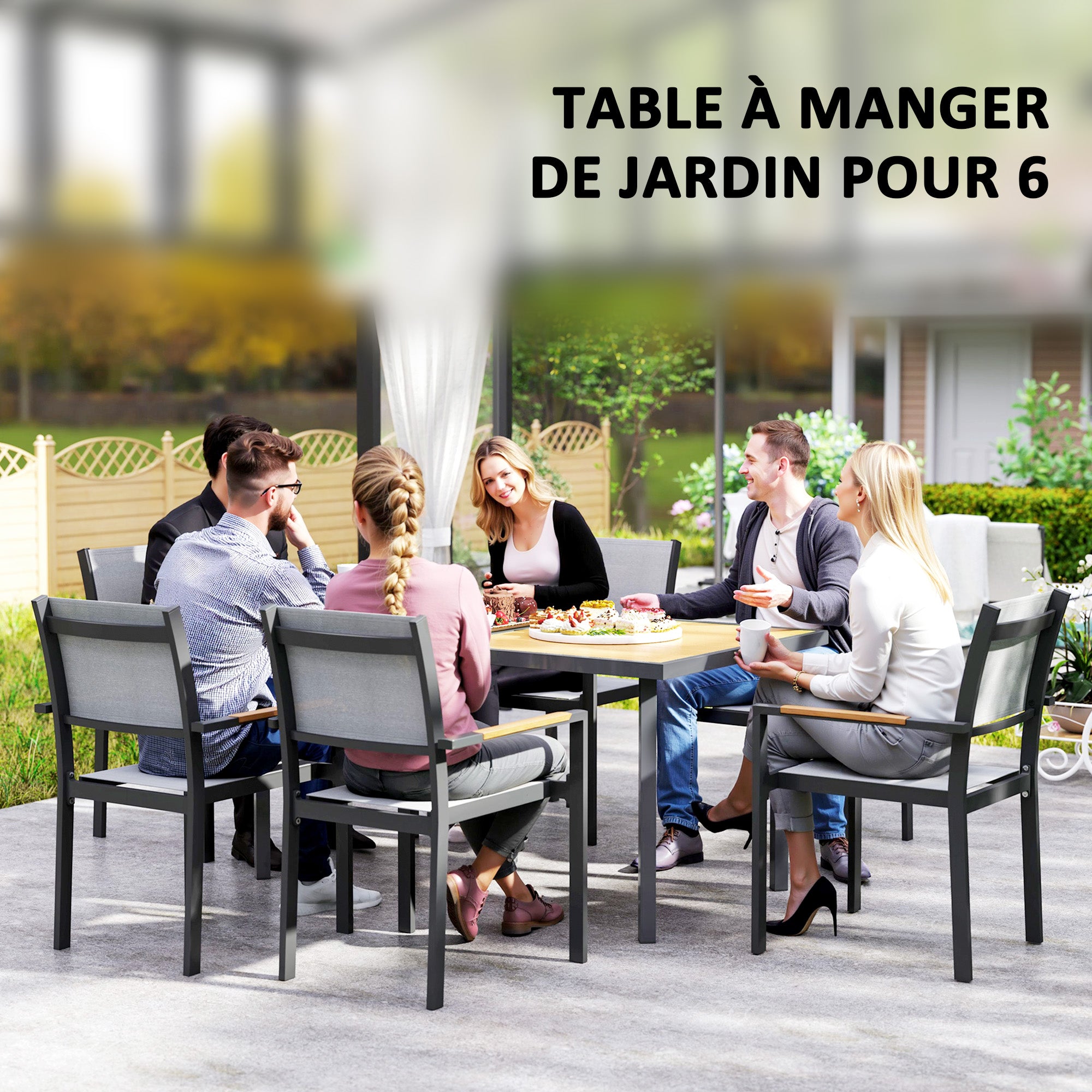 Garden Dining Table for 6 people, Garden Table with Rectangular Wood-Effect Anti-Rust Steel Top for Patio, Terrace, 150 x 90 x 72 cm, Natural Wood