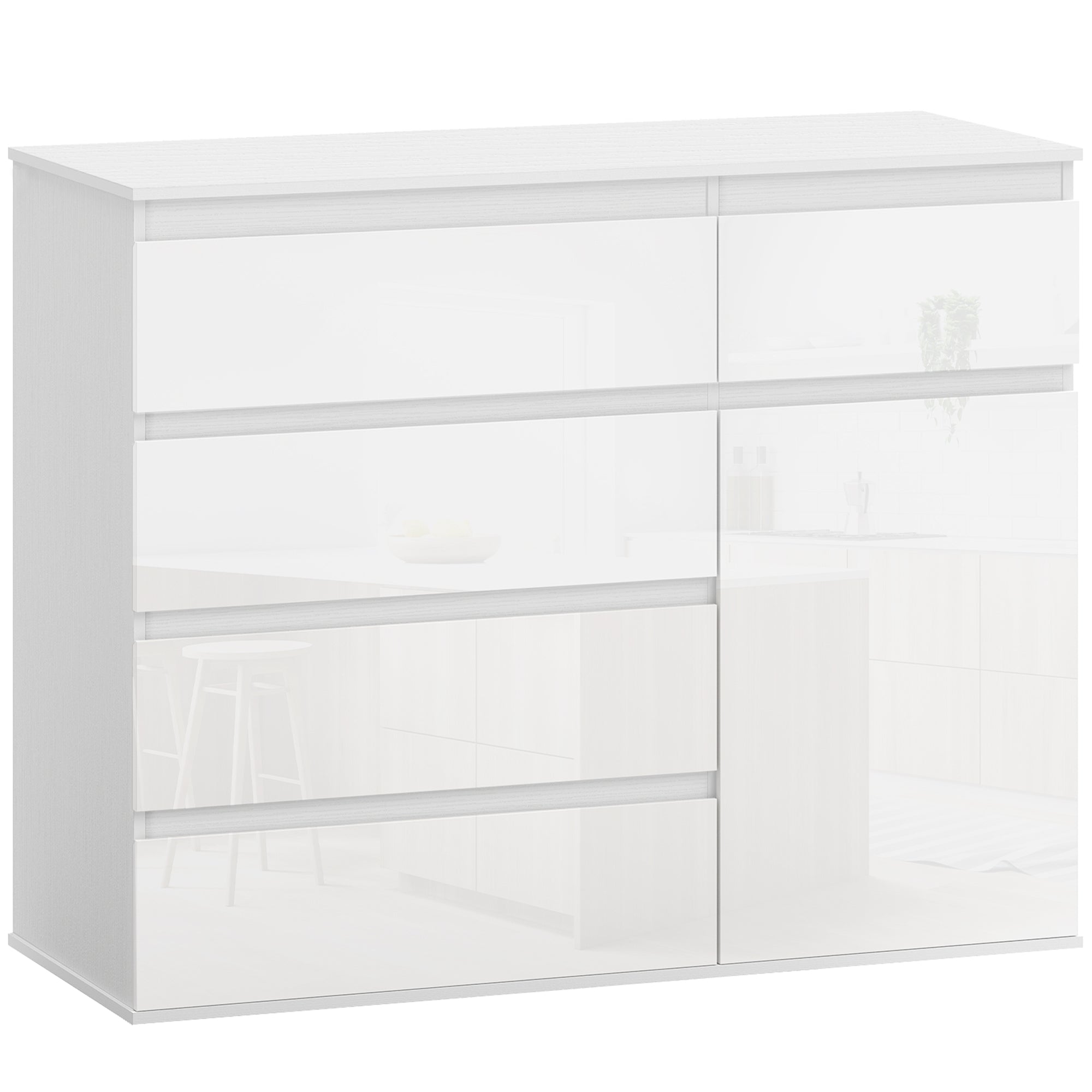 Sideboard with 5 Drawers, Adjustable Shelves, Soft-Close Door, High-Gloss White — 39.4 x 15.7 x 31.5 in