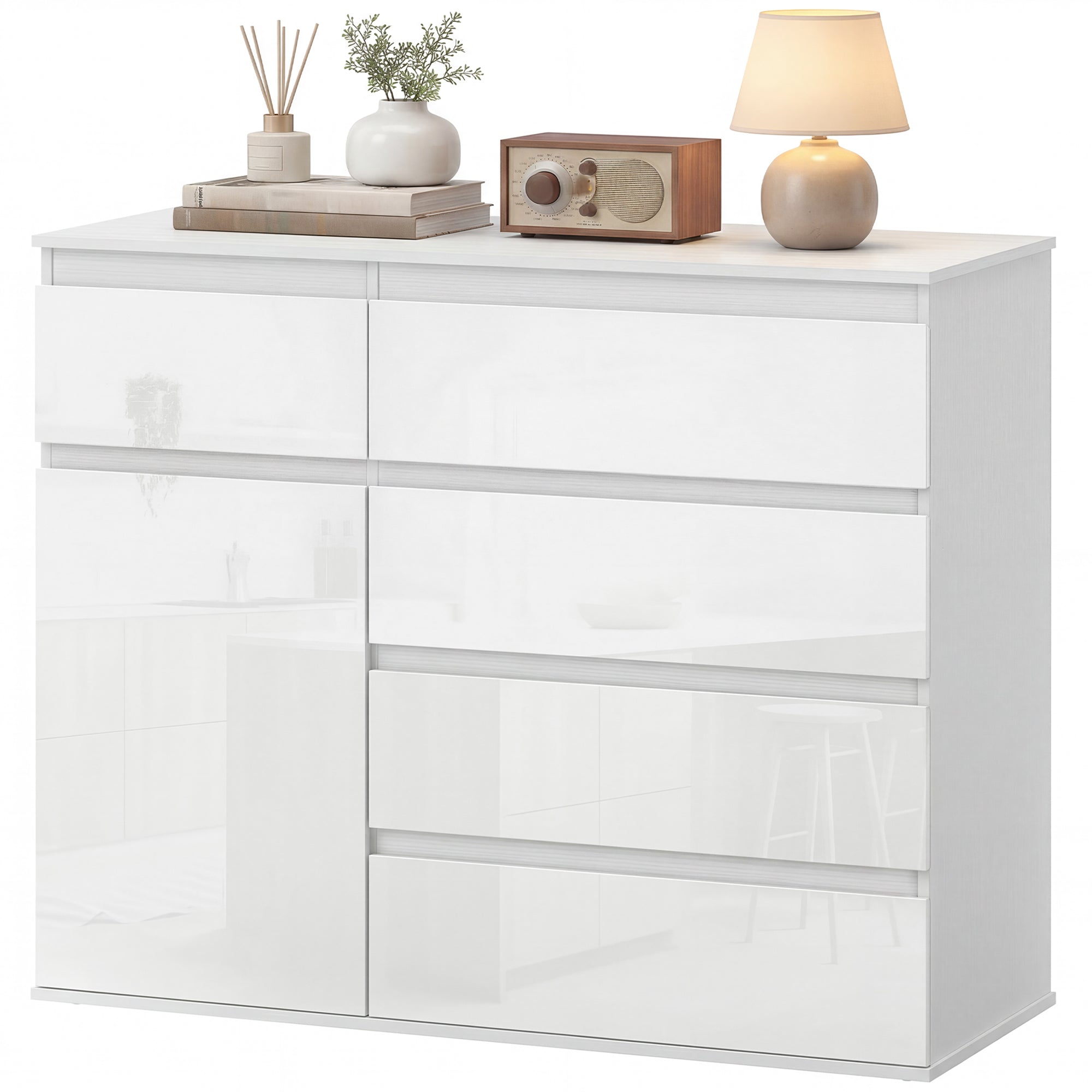 Sideboard with 5 Drawers, Adjustable Shelves, Soft-Close Door, High-Gloss White — 39.4 x 15.7 x 31.5 in