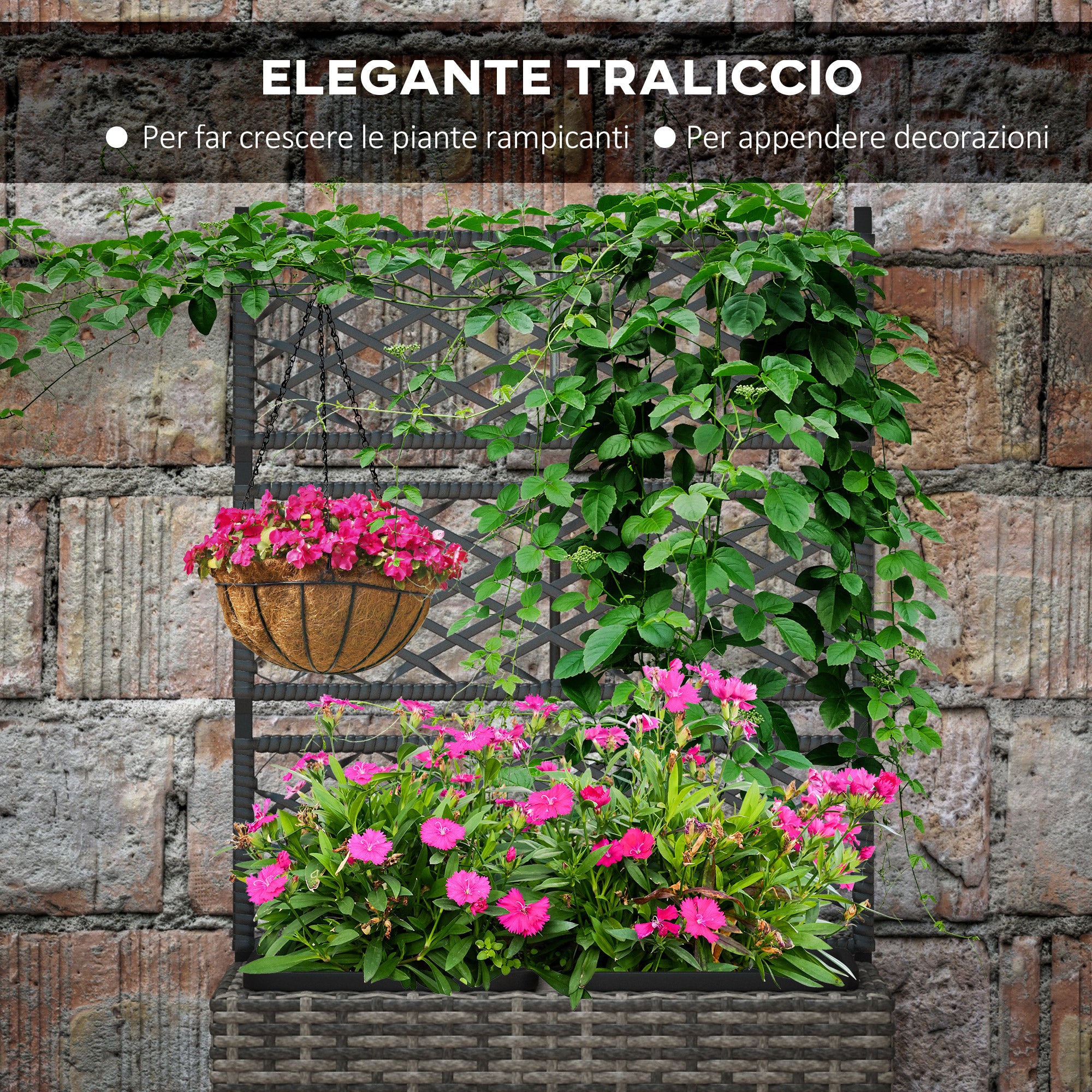 Planter with Trellis for Climbers, Raised Planter with 2 Inner Pots, Steel and PE Rattan Frame, 57x30x107cm, Gray