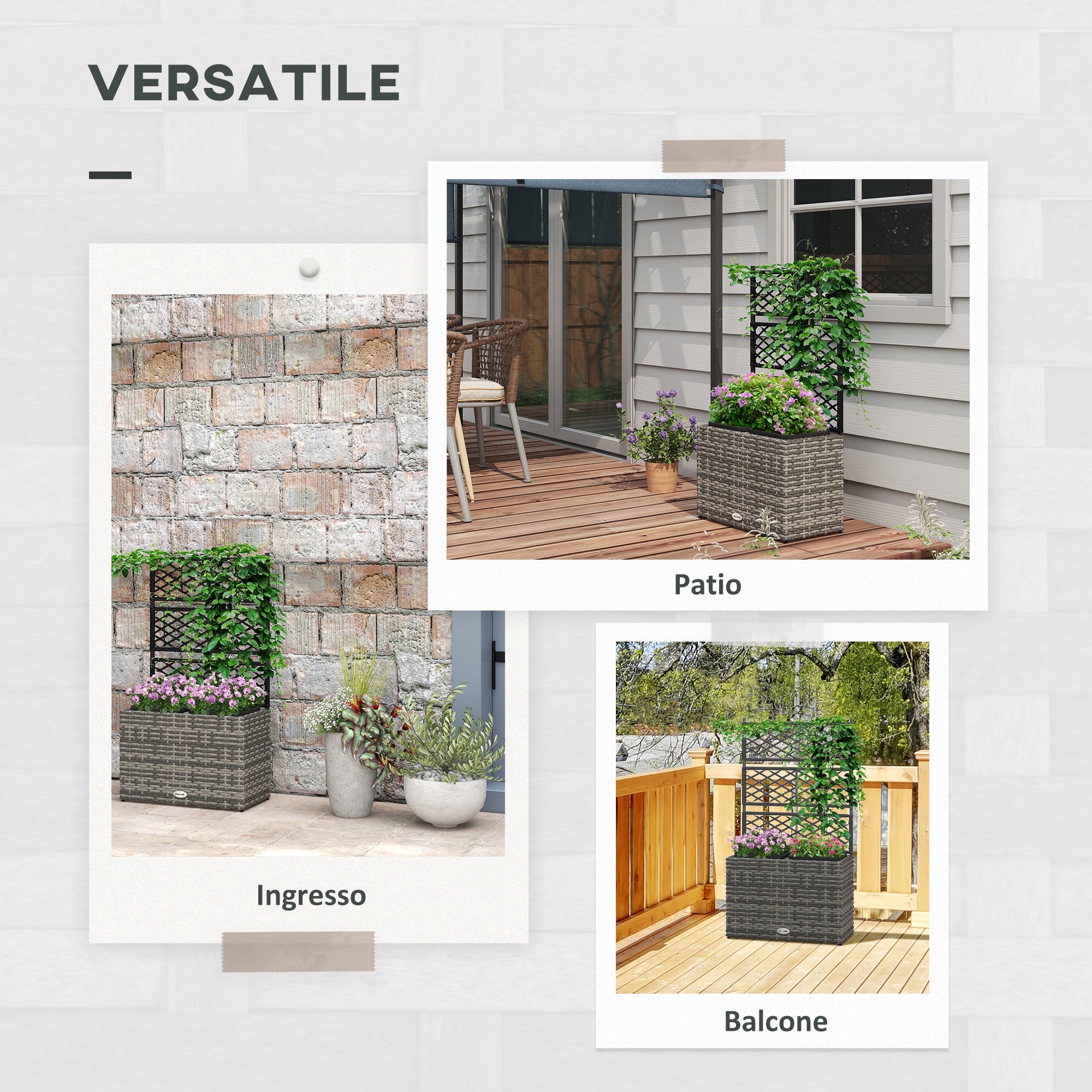 Planter with Trellis for Climbers, Raised Planter with 2 Inner Pots, Steel and PE Rattan Frame, 57x30x107cm, Gray