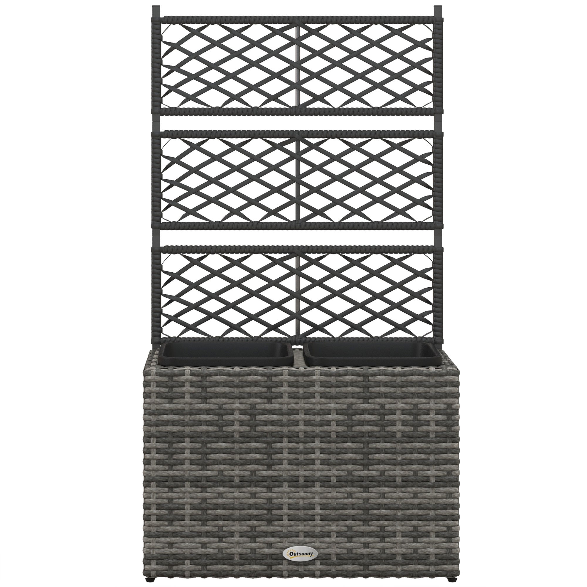 Planter with Trellis for Climbers, Raised Planter with 2 Inner Pots, Steel and PE Rattan Frame, 57x30x107cm, Gray