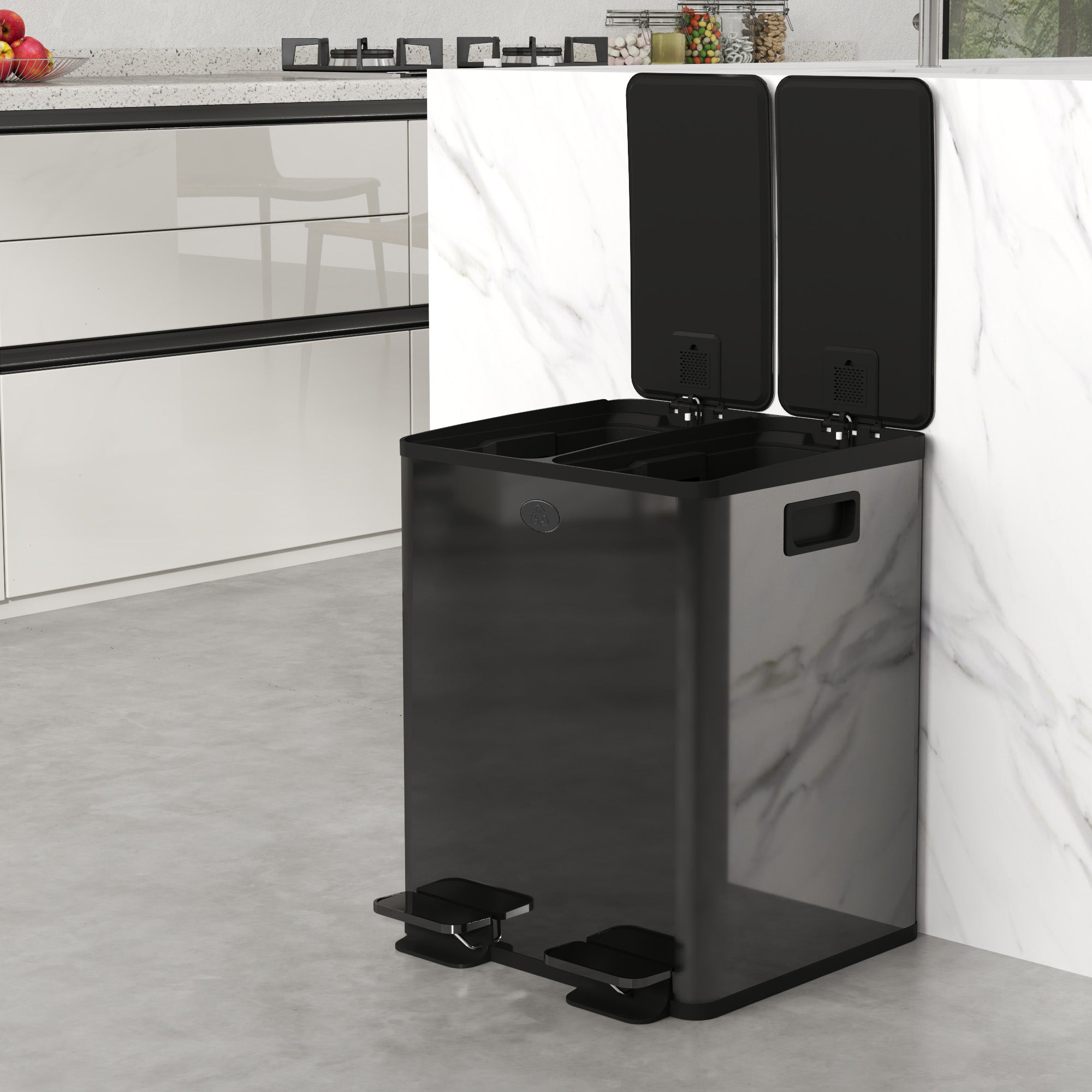 Dual 2 x 20L Stainless Steel Trash Can — Soft-Close Lids, Removable Inner Buckets, Black