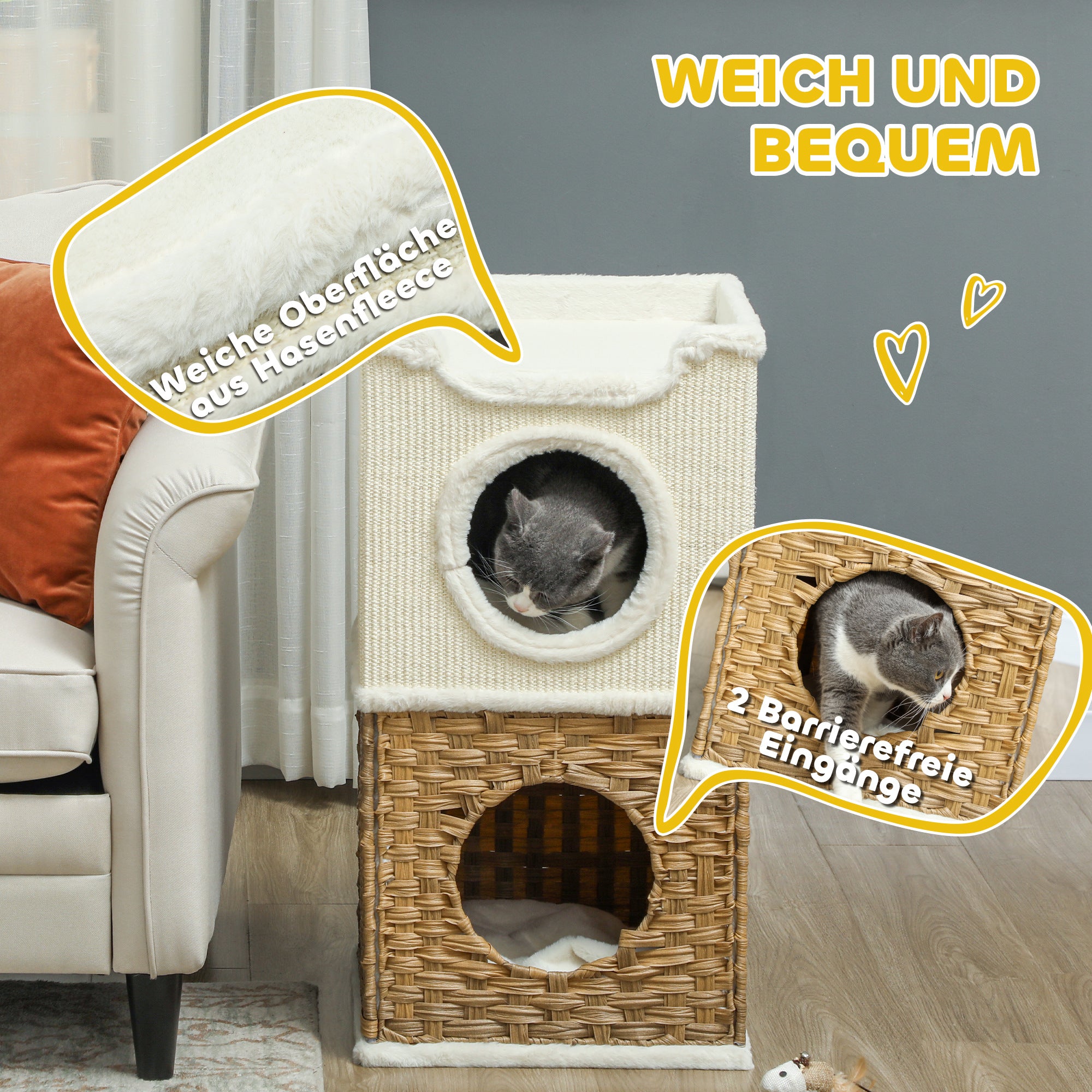 Scratching Barrel 75.5 cm High Three-Tier Cat Barrel with Plush Edge, Cushion, Cat Cave, Scratching Post for Medium-Sized Cats, Cream White