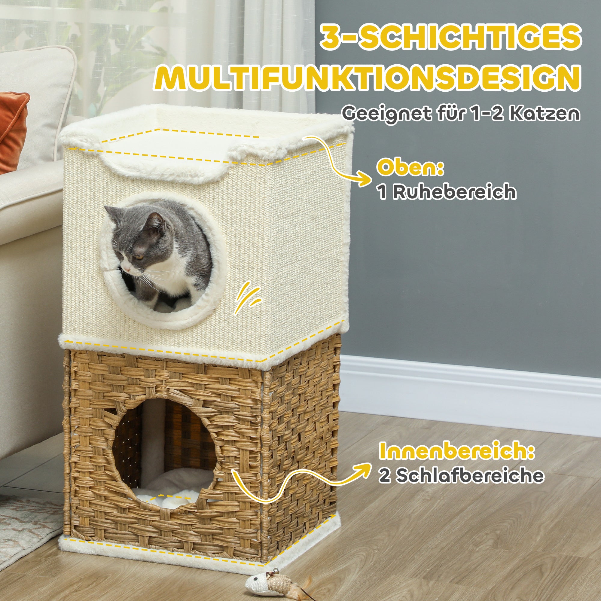 Scratching Barrel 75.5 cm High Three-Tier Cat Barrel with Plush Edge, Cushion, Cat Cave, Scratching Post for Medium-Sized Cats, Cream White