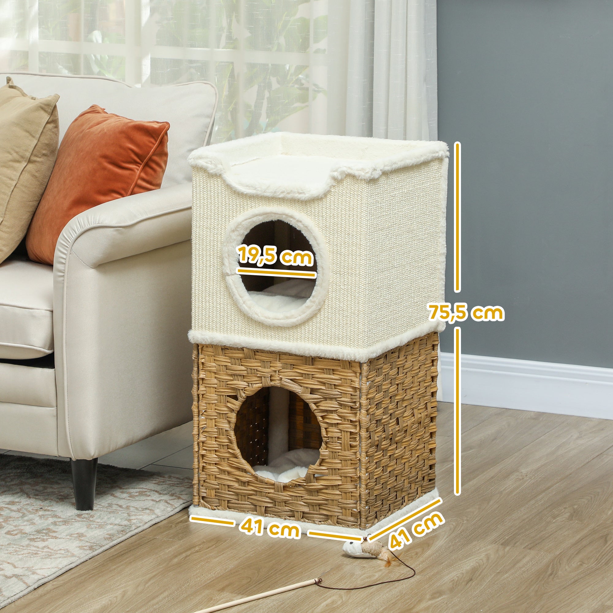 Scratching Barrel 75.5 cm High Three-Tier Cat Barrel with Plush Edge, Cushion, Cat Cave, Scratching Post for Medium-Sized Cats, Cream White