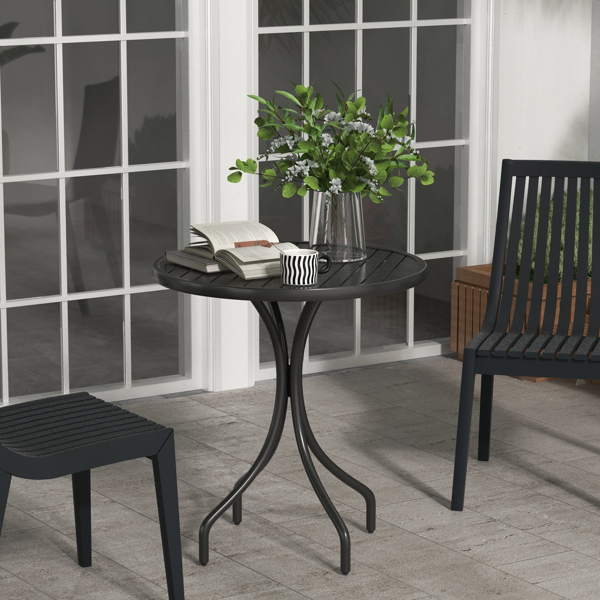 Round Garden Table Ø66 cm, outdoor table in galvanized steel with slatted top for terrace, balcony, black