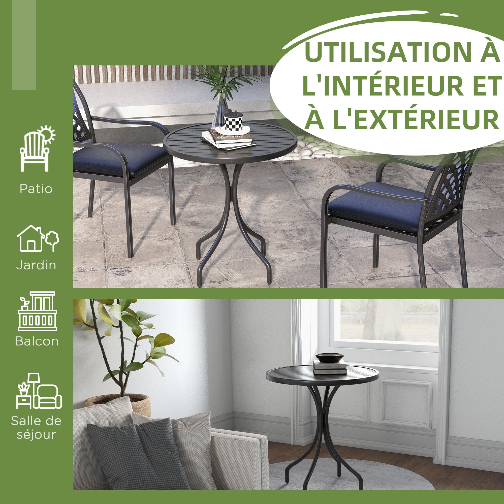Round Garden Table Ø66 cm, outdoor table in galvanized steel with slatted top for terrace, balcony, black