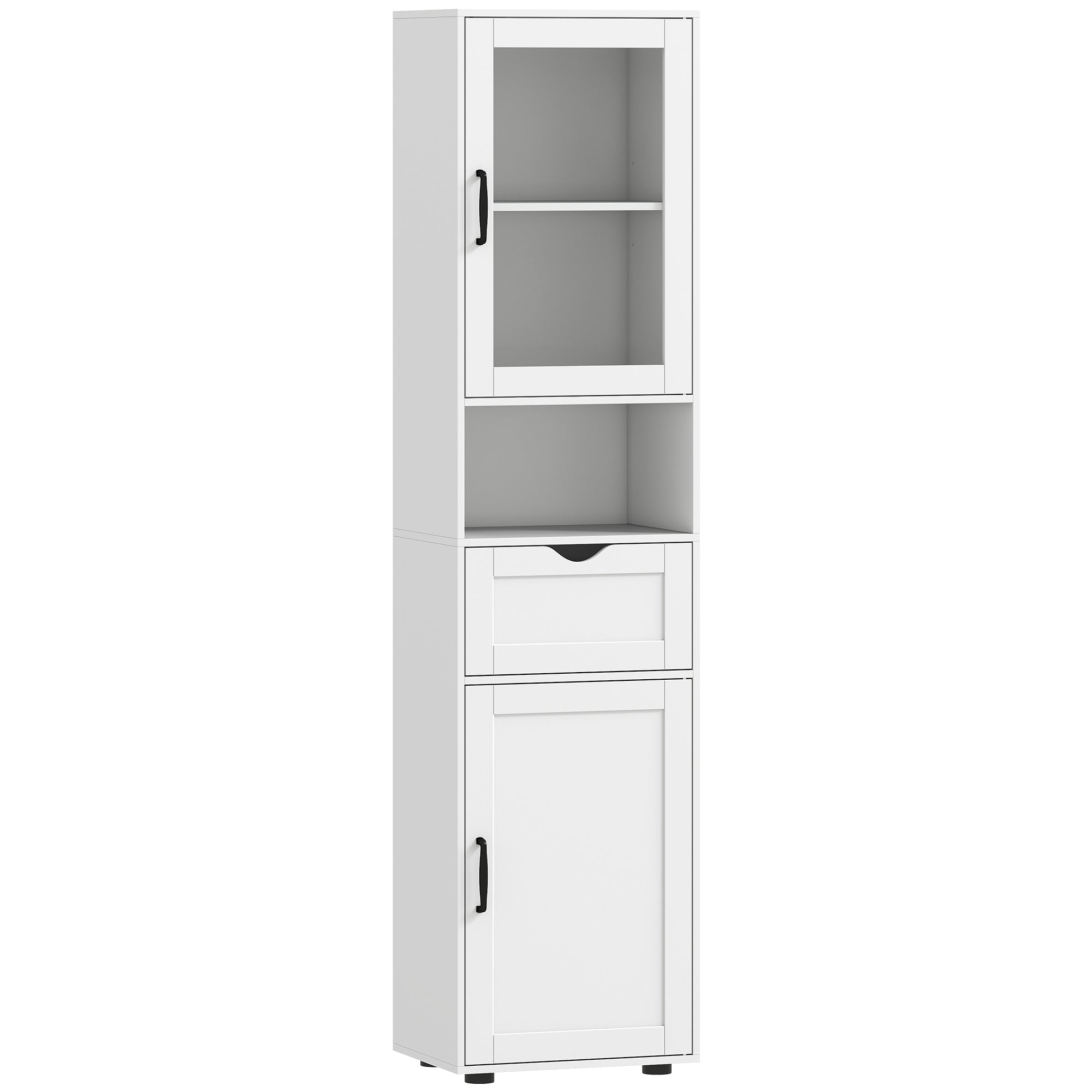 Slim Bathroom Storage Cabinet with Glass Door, Open Shelf, Drawer & Adjustable Shelves — 15.7" x 11.8" x 65", White
