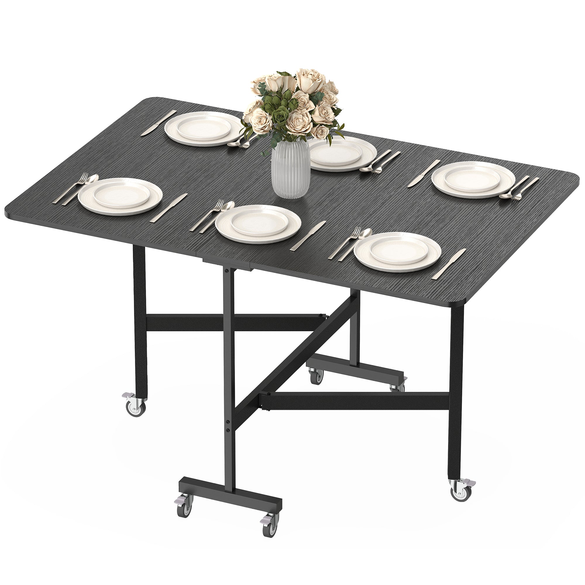 Folding Dining Table for 4–6 with Wheels & Drop Leaves, Black, 47.2×31.5×28.7 in