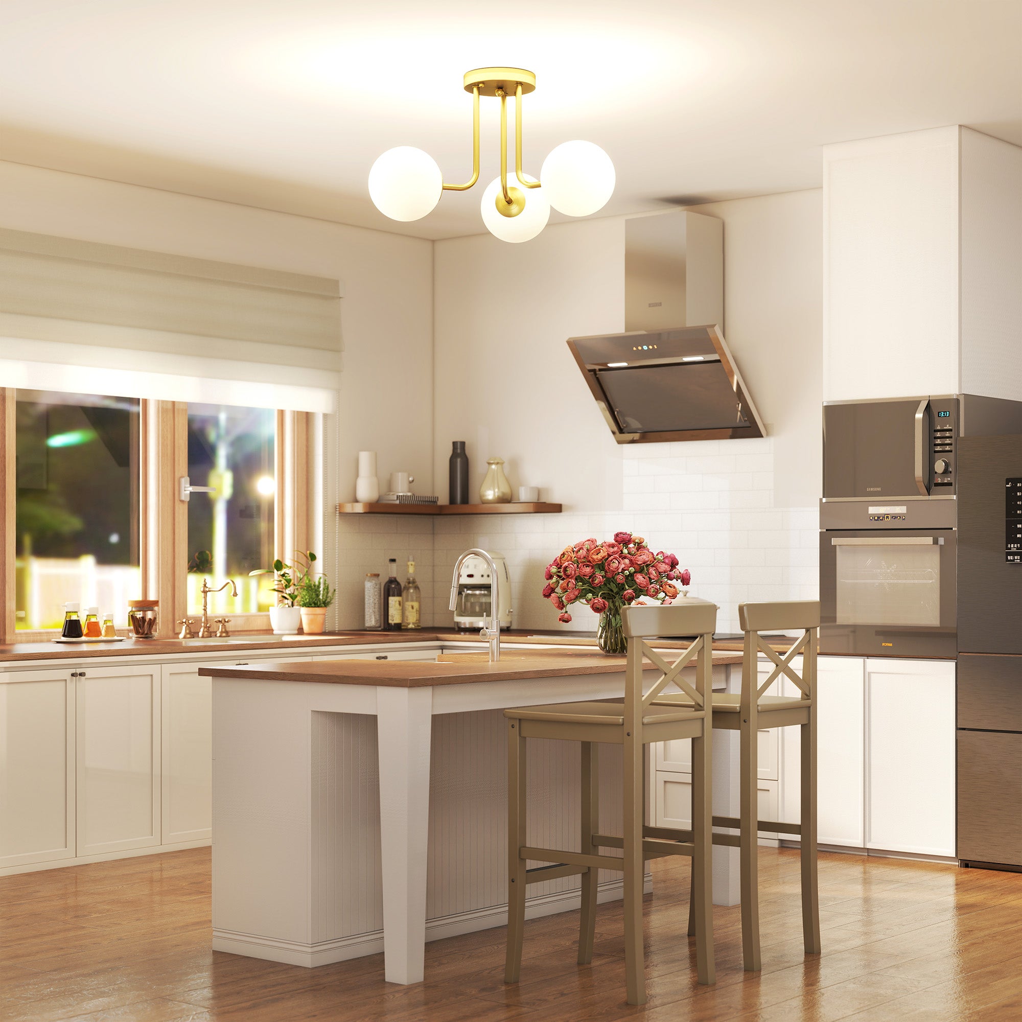 Vintage 3-Light Gold Ceiling Light with G9 Sockets for Living Room and Lounge, 42 x 42 x 26.5 cm (16.5 x 16.5 x 10.4 in), Bulbs Not Included