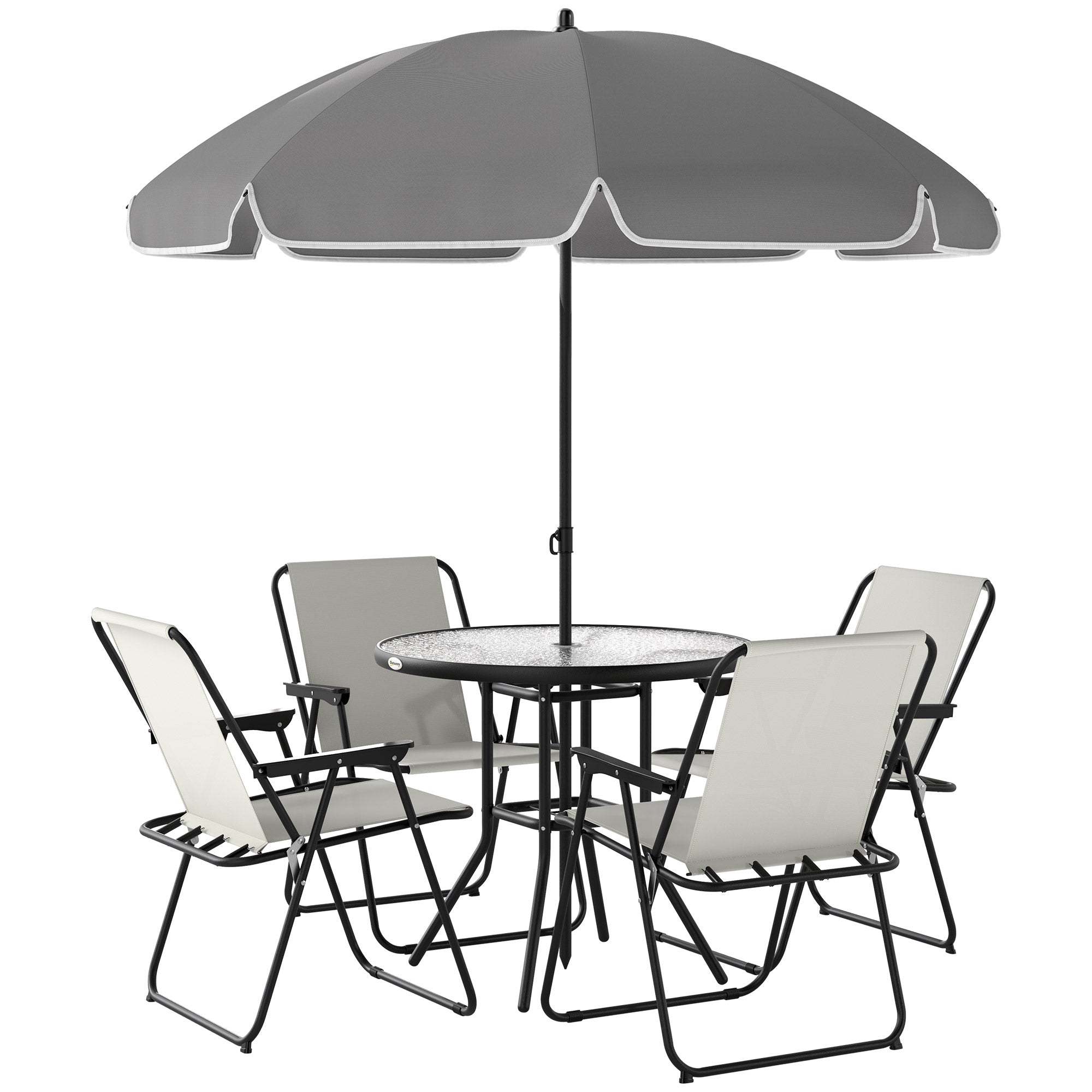 6-Piece Garden Table and Chairs Set Outdoor Furniture with 4 Folding Chairs Glass Table and Umbrella for Patio Cream