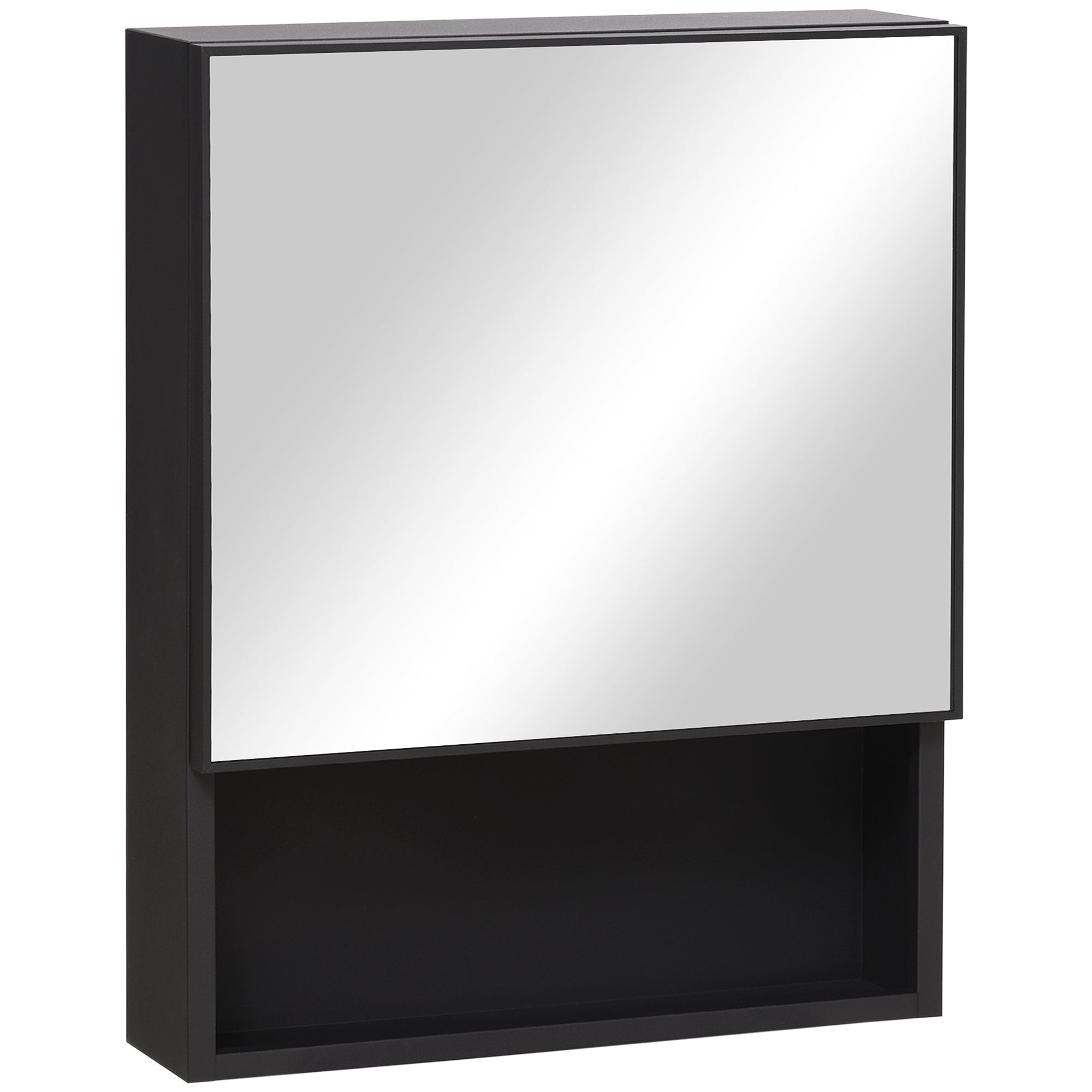 Bathroom Mirror Cabinet, Bathroom Cabinet with Mirror Door, Bathroom Cabinet with 2 Interior Shelves and 1 Open Shelf, Wall-Mounted Cabinet, Black, 46 x 13.5 x 58 cm