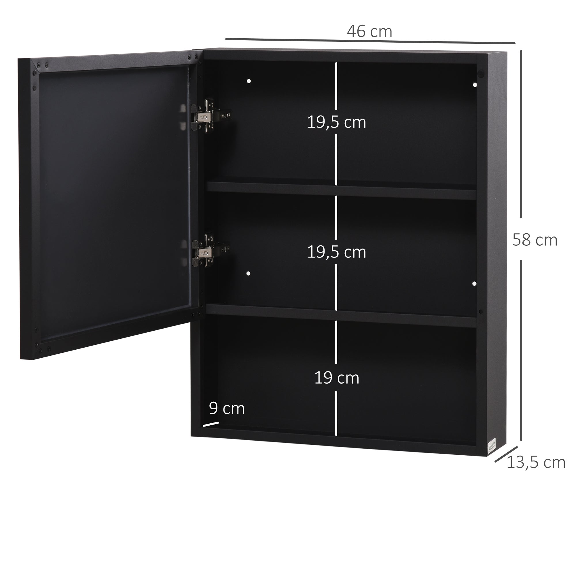 Bathroom Mirror Cabinet, Bathroom Cabinet with Mirror Door, Bathroom Cabinet with 2 Interior Shelves and 1 Open Shelf, Wall-Mounted Cabinet, Black, 46 x 13.5 x 58 cm
