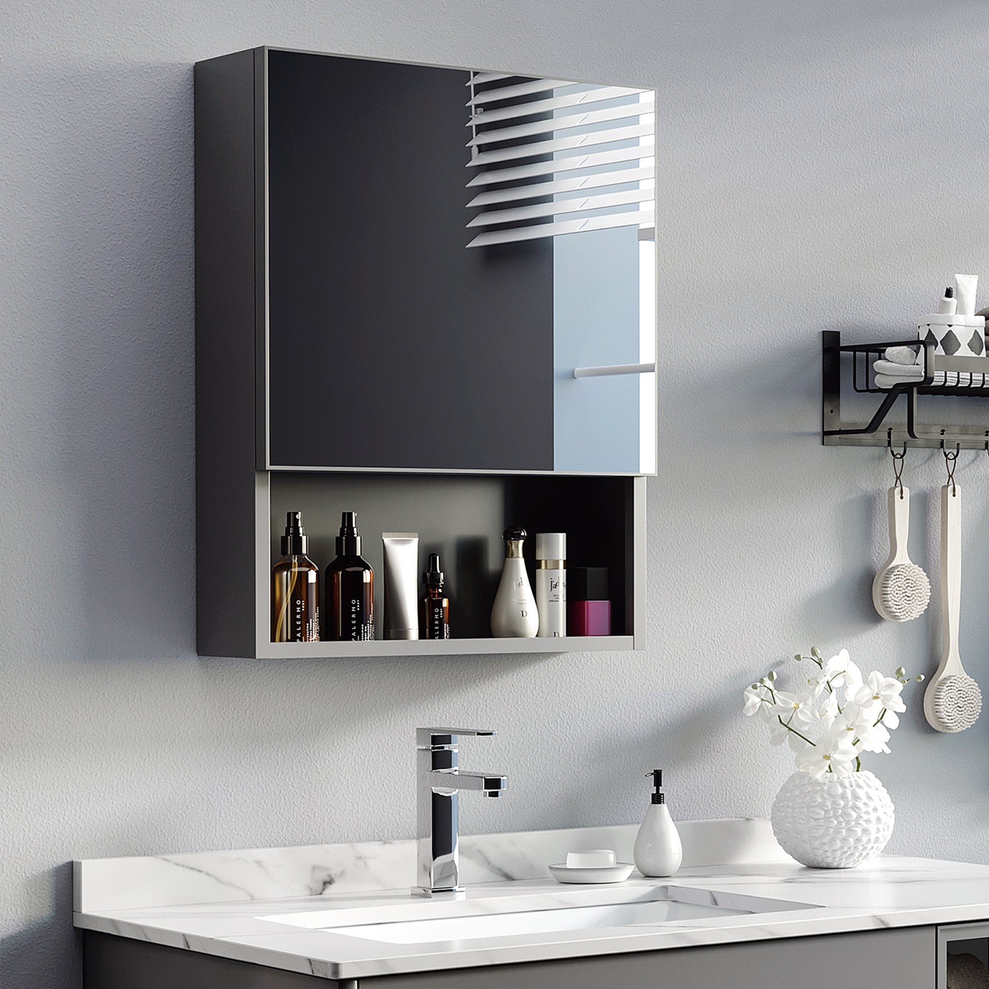 Bathroom Mirror Cabinet, Bathroom Cabinet with Mirror Door, Bathroom Cabinet with 2 Interior Shelves and 1 Open Shelf, Wall-Mounted Cabinet, Black, 46 x 13.5 x 58 cm