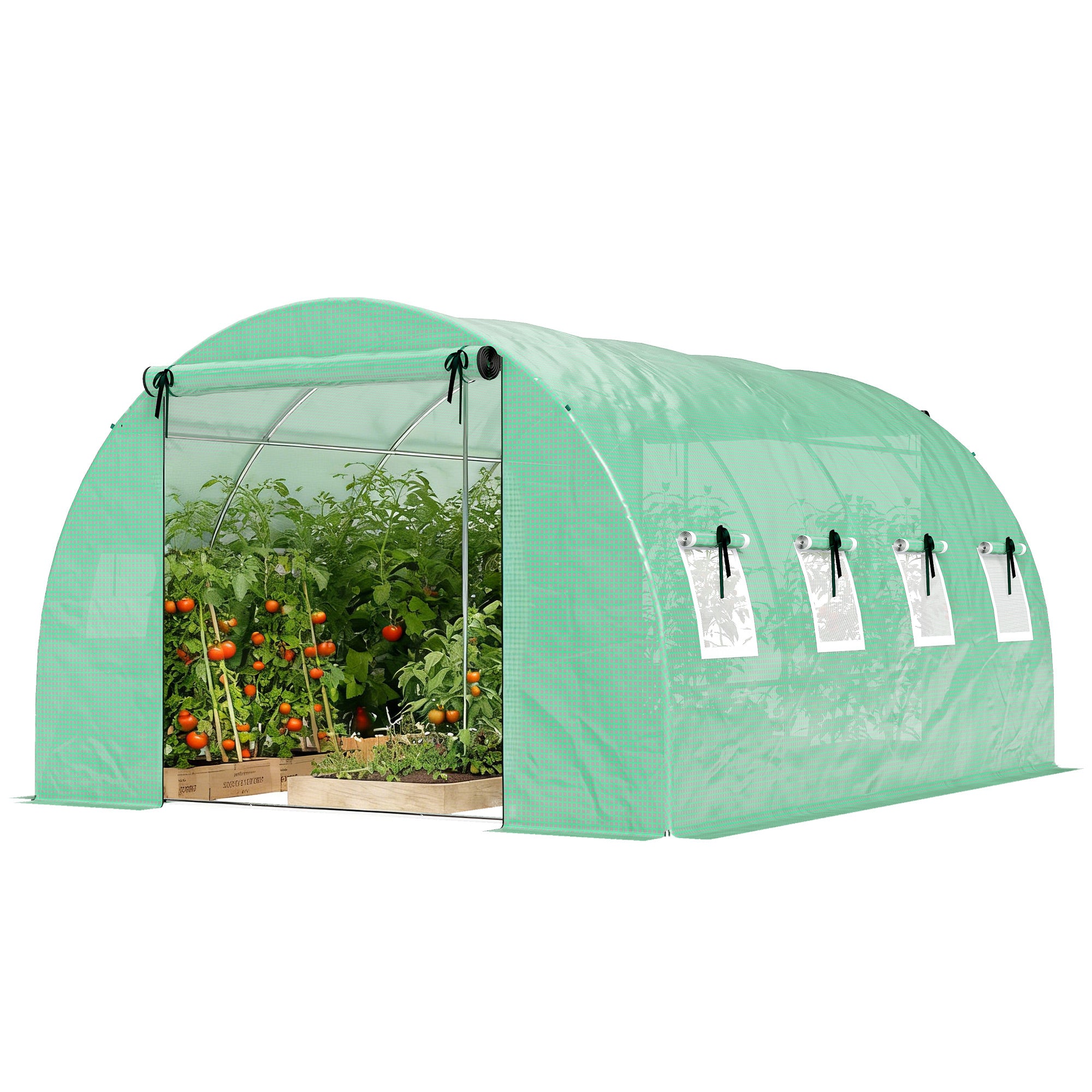 Tunnel Garden Greenhouse, approx. 129 sq ft (12 m²) — 295 × 400 × 200 cm (approx. 9 ft 8 in × 13 ft 1 in × 6 ft 7 in), Galvanized Steel Frame, 2 Roll-Up Doors & 8 Mesh Windows, High-Density 140 gsm PE Cover — Green