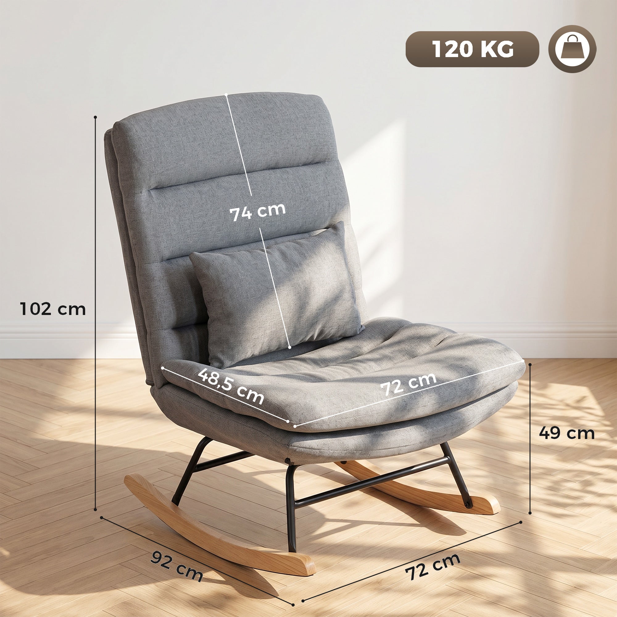 Linen-Effect Upholstered Rocking Chair with Lumbar Pillow, High Back, 28.3 in Wide Double-Layer Seat, Light Gray